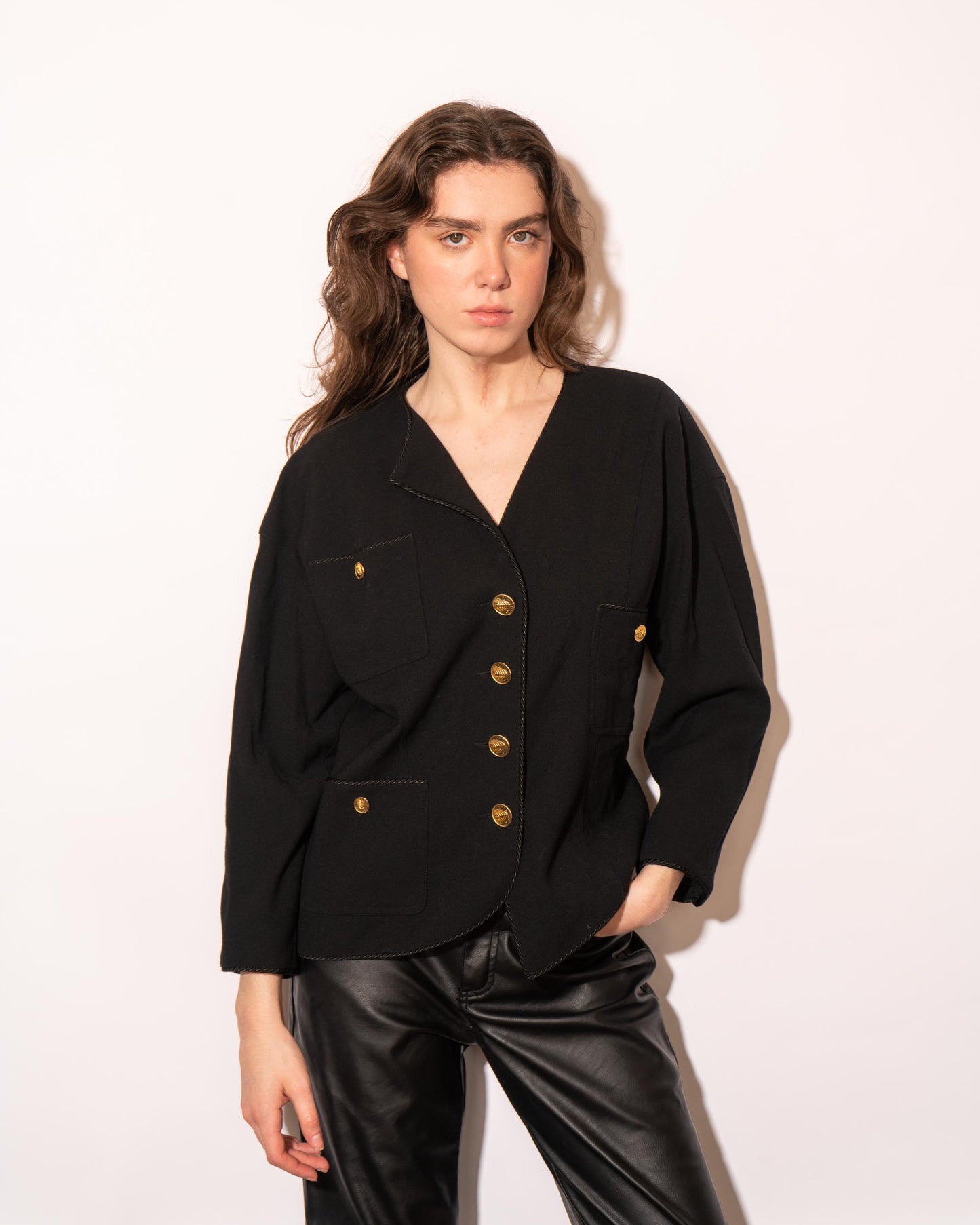 FR40-42 Chanel Spring 1987 Three Pocket Asymmetric Black Wool Jacket - Vintage Chanel Jacket - Jacket - Rarchive.