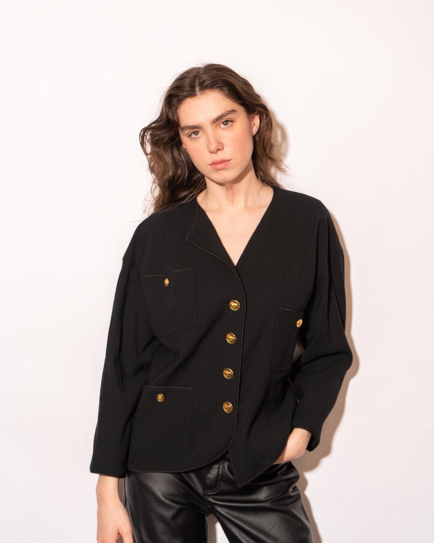 FR40-42 Chanel Spring 1987 Three Pocket Asymmetric Black Wool Jacket - Vintage Chanel Jacket - Jacket - Rarchive.
