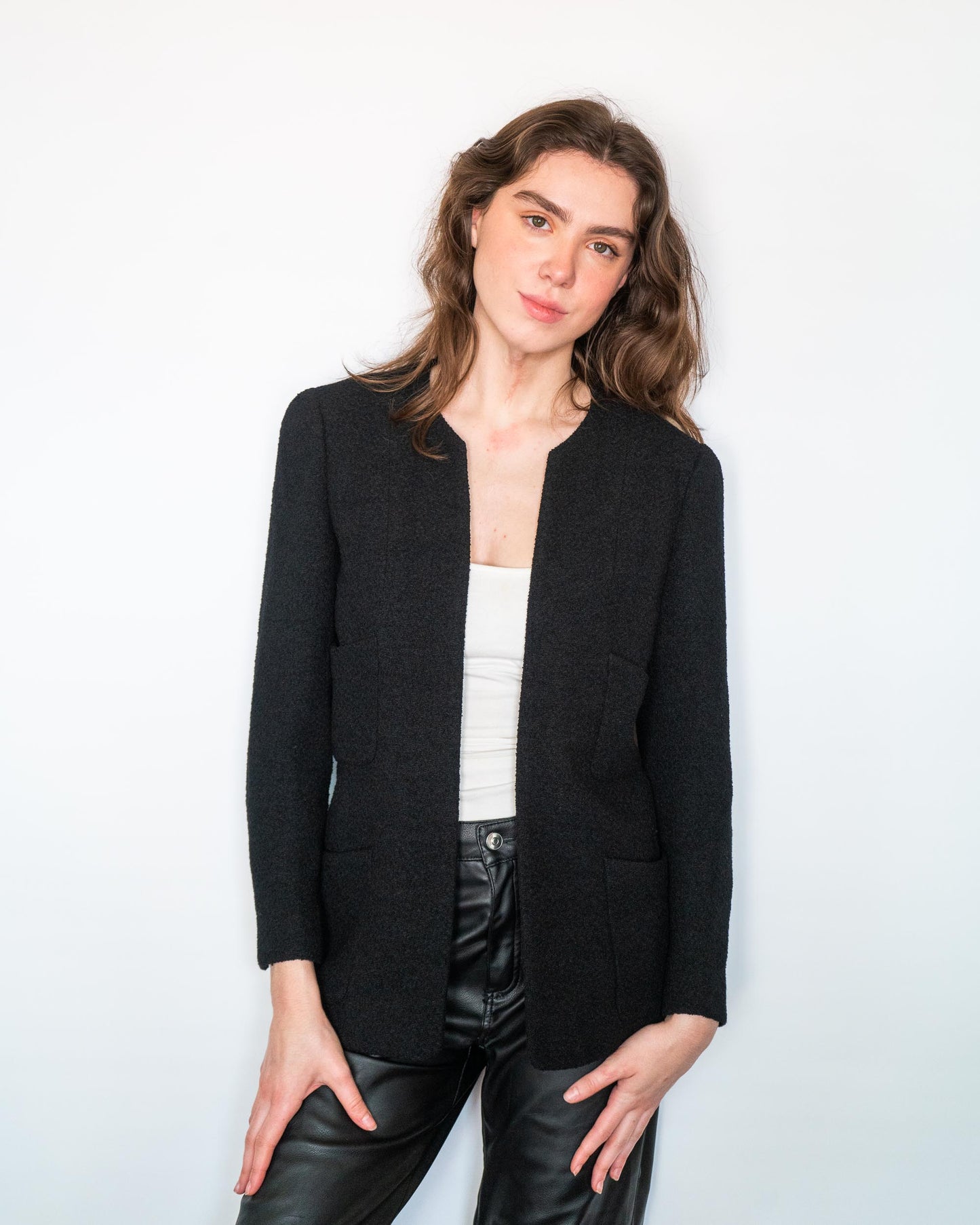 FR36-38 Chanel Spring 1998 Collarless Four Pocket Timeless Black Tweed Boucle Jacket - Vintage Chanel Jacket - Jacket - Rarchive.