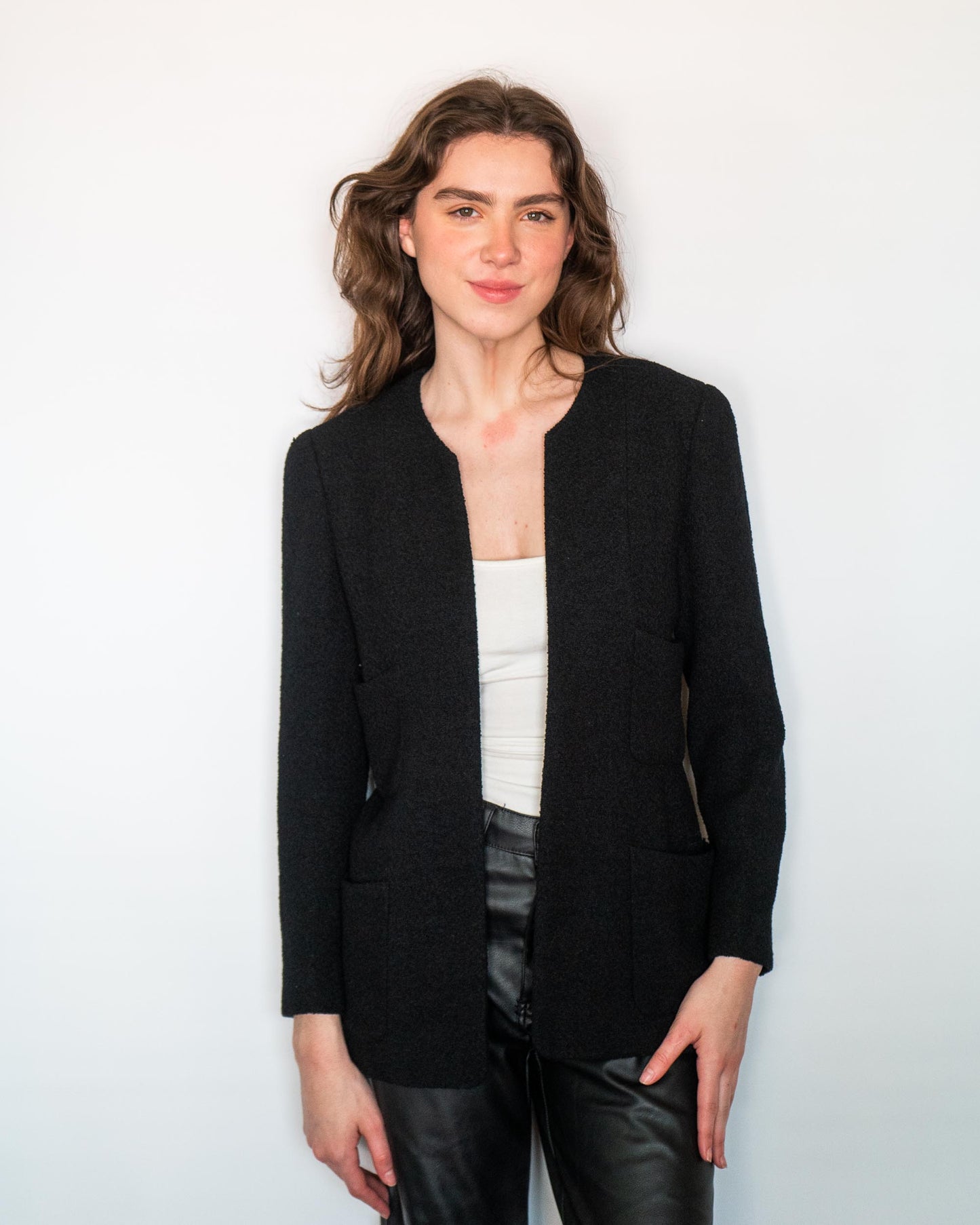 FR36-38 Chanel Spring 1998 Collarless Four Pocket Timeless Black Tweed Boucle Jacket - Vintage Chanel Jacket - Jacket - Rarchive.