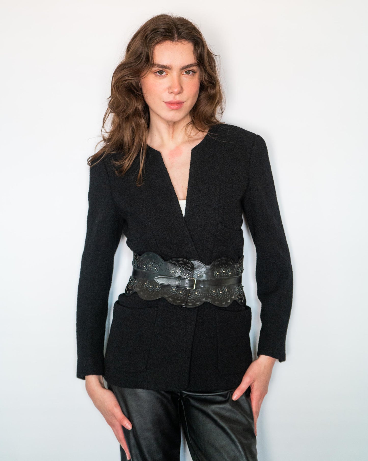 FR36-38 Chanel Spring 1998 Collarless Four Pocket Timeless Black Tweed Boucle Jacket - Vintage Chanel Jacket - Jacket - Rarchive.