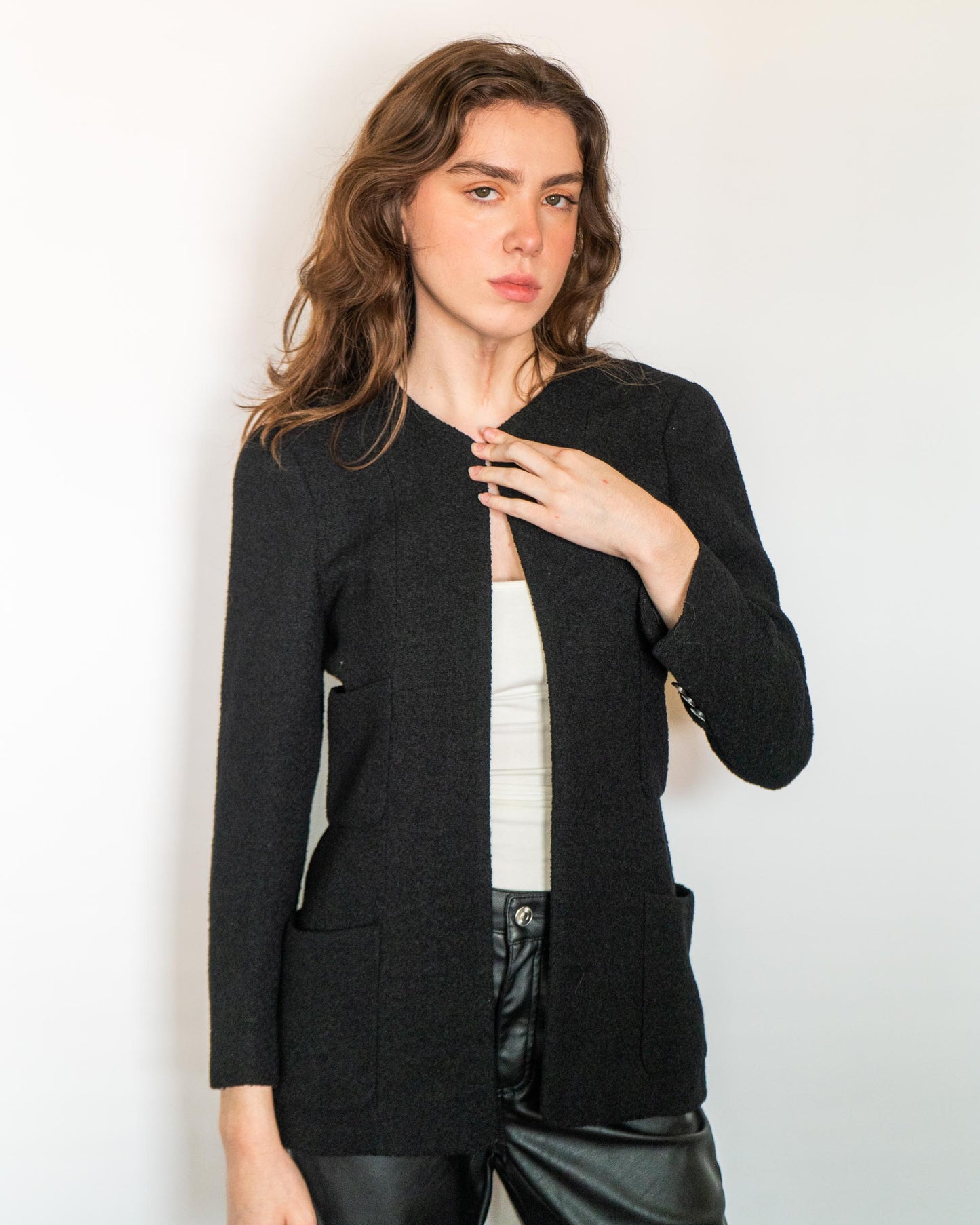 FR36-38 Chanel Spring 1998 Collarless Four Pocket Timeless Black Tweed Boucle Jacket - Vintage Chanel Jacket - Jacket - Rarchive.