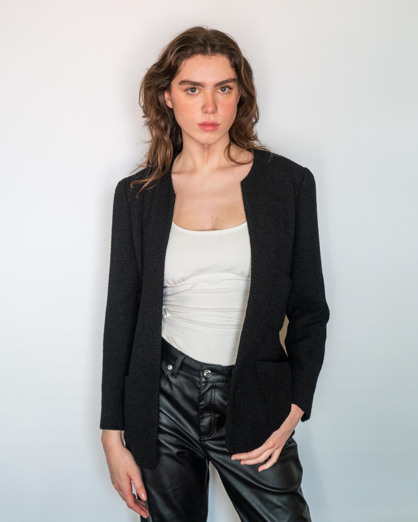 FR36-38 Chanel Spring 1998 Collarless Four Pocket Timeless Black Tweed Boucle Jacket - Vintage Chanel Jacket - Jacket - Rarchive.