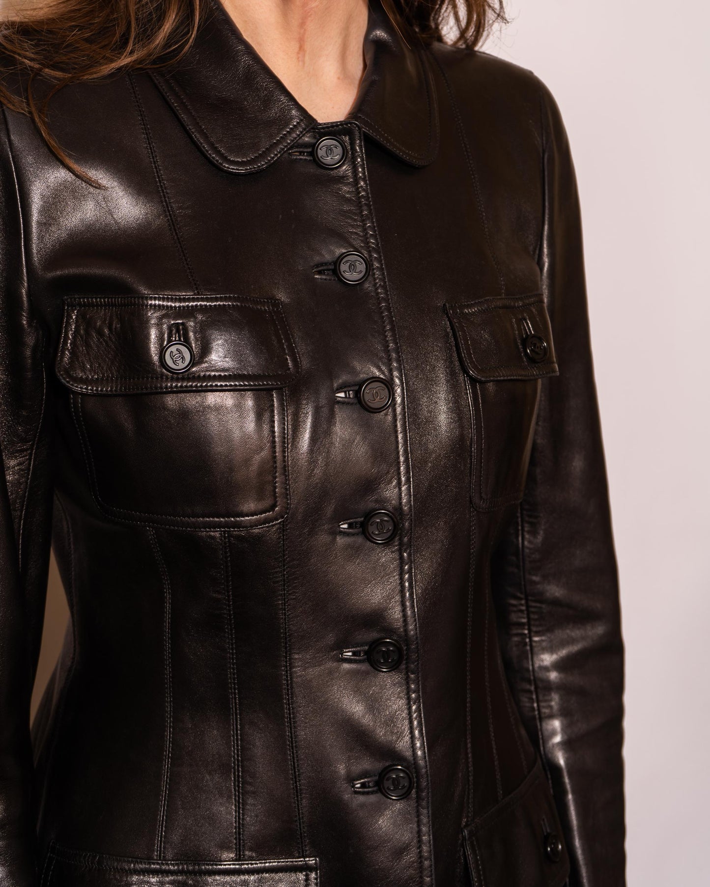 FR36-38 Rare Chanel Fall 1995 Four Pocket Fitted Multipanel Cut Black Lambskin Jacket - Vintage Chanel Jacket - Jacket - Rarchive.