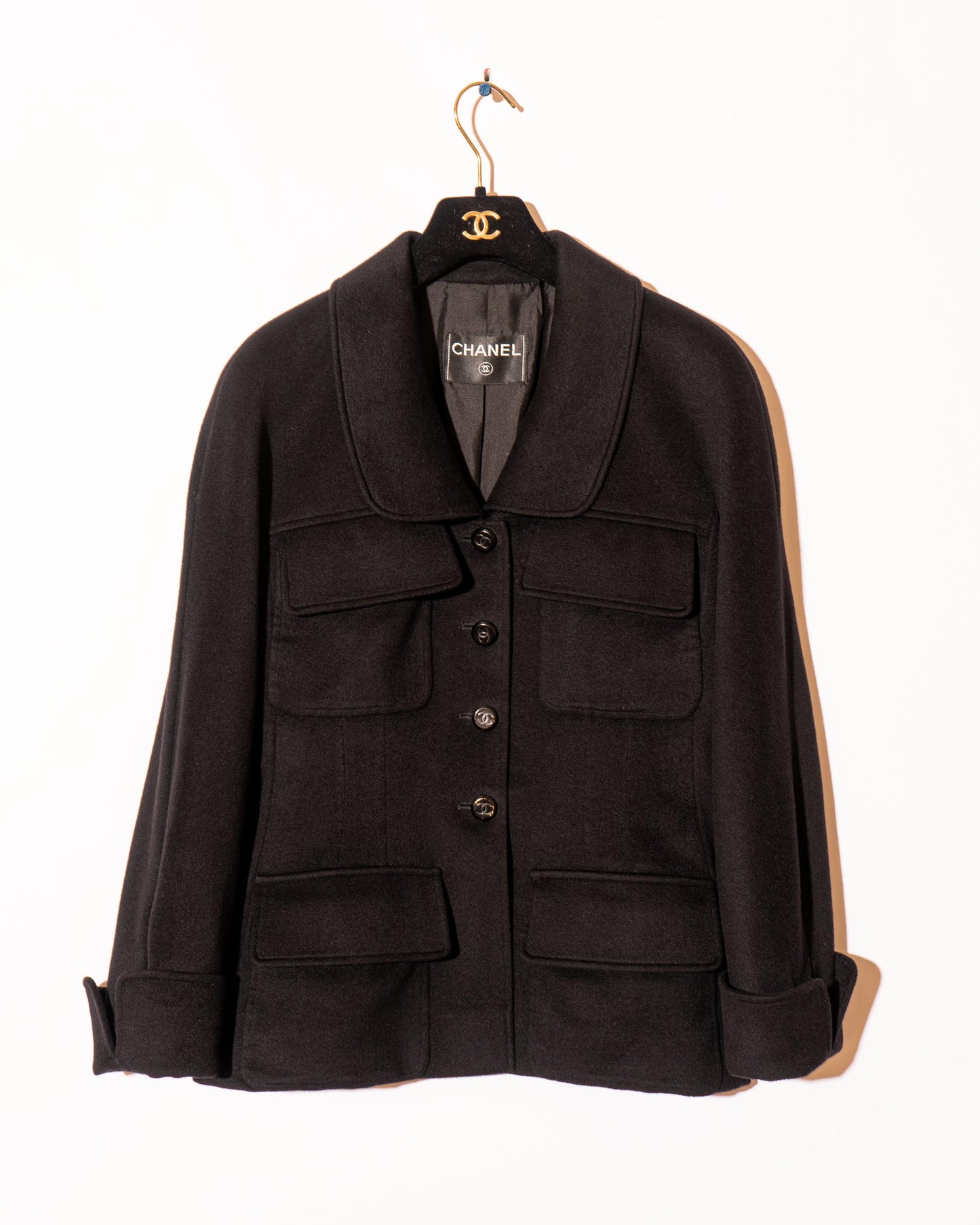 FR36-38 Chanel Fall 1998 Four Pocket Fitted Cut Black Cashmere Jacket - Vintage Chanel Jacket - Jacket - Rarchive.