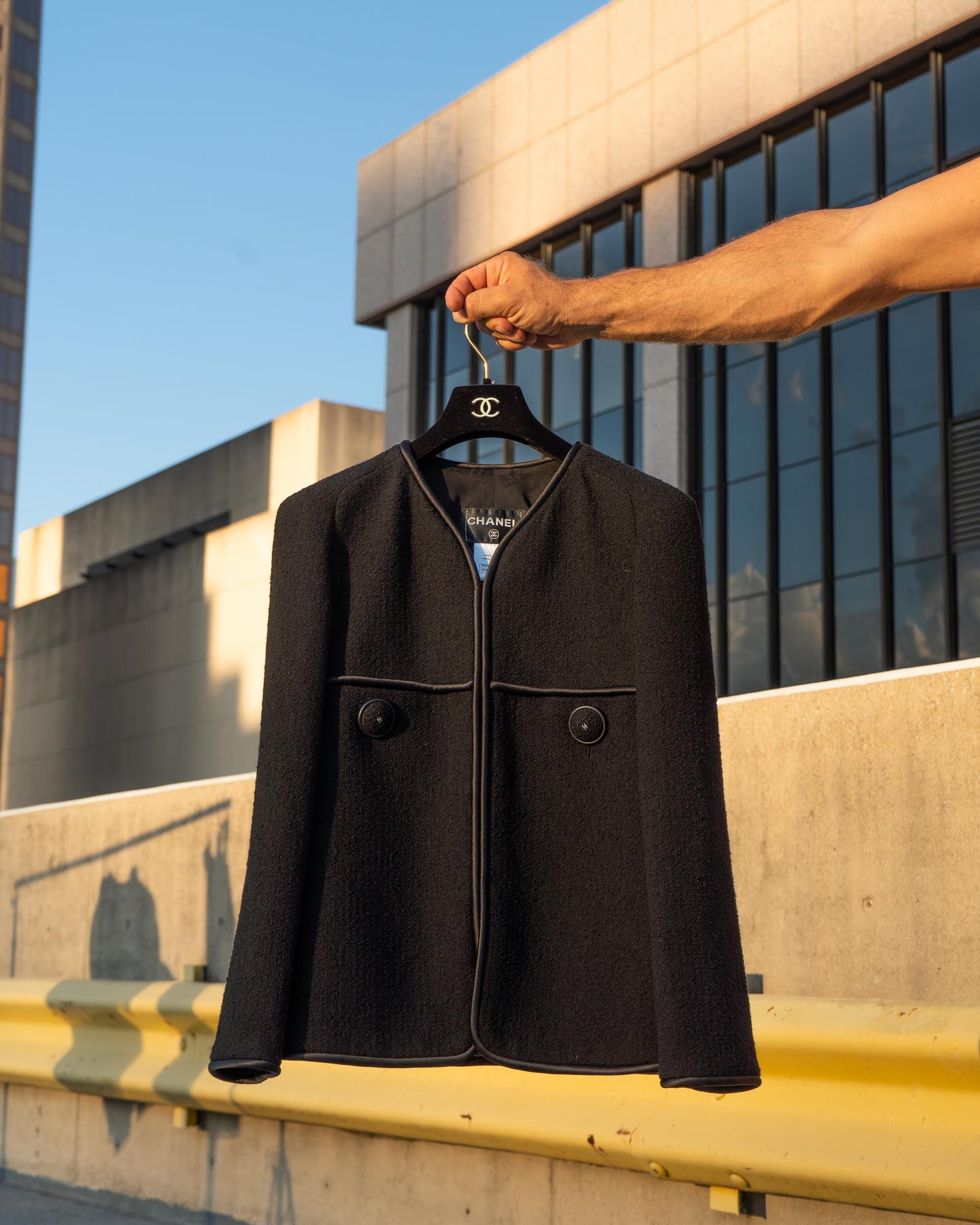 FR36-38 Chanel Pre-Fall 2015 Two Collarless Two Pocket Black Wool Tweed Jacket - Vintage Chanel Jacket - Jacket - Rarchive.