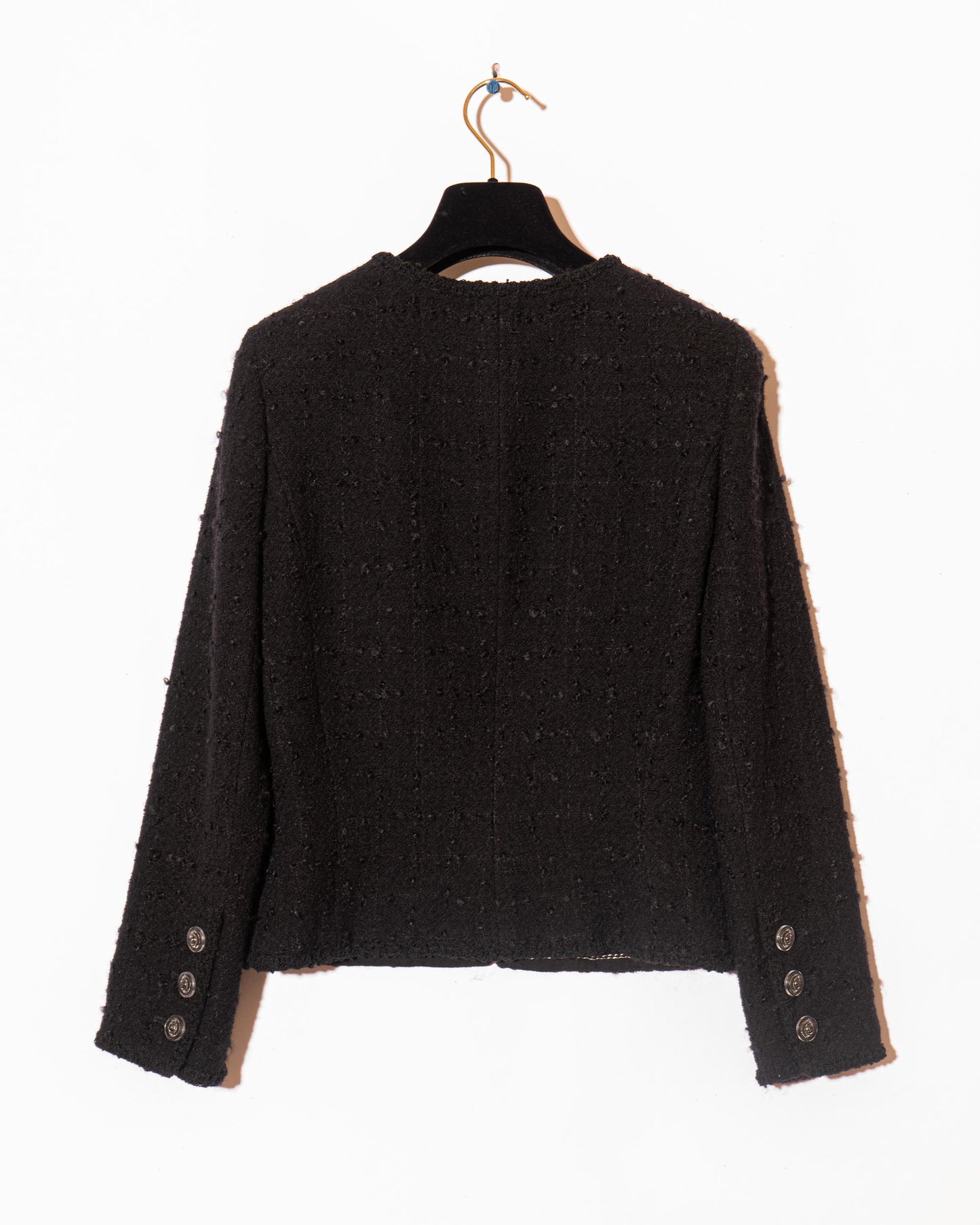 FR36-38 Rare Chanel Fall 2009 Timeless Classic Collarless Four Pocket Camellia Detail Black Tweed Jacket - Vintage Chanel Jacket - Jacket - Rarchive.