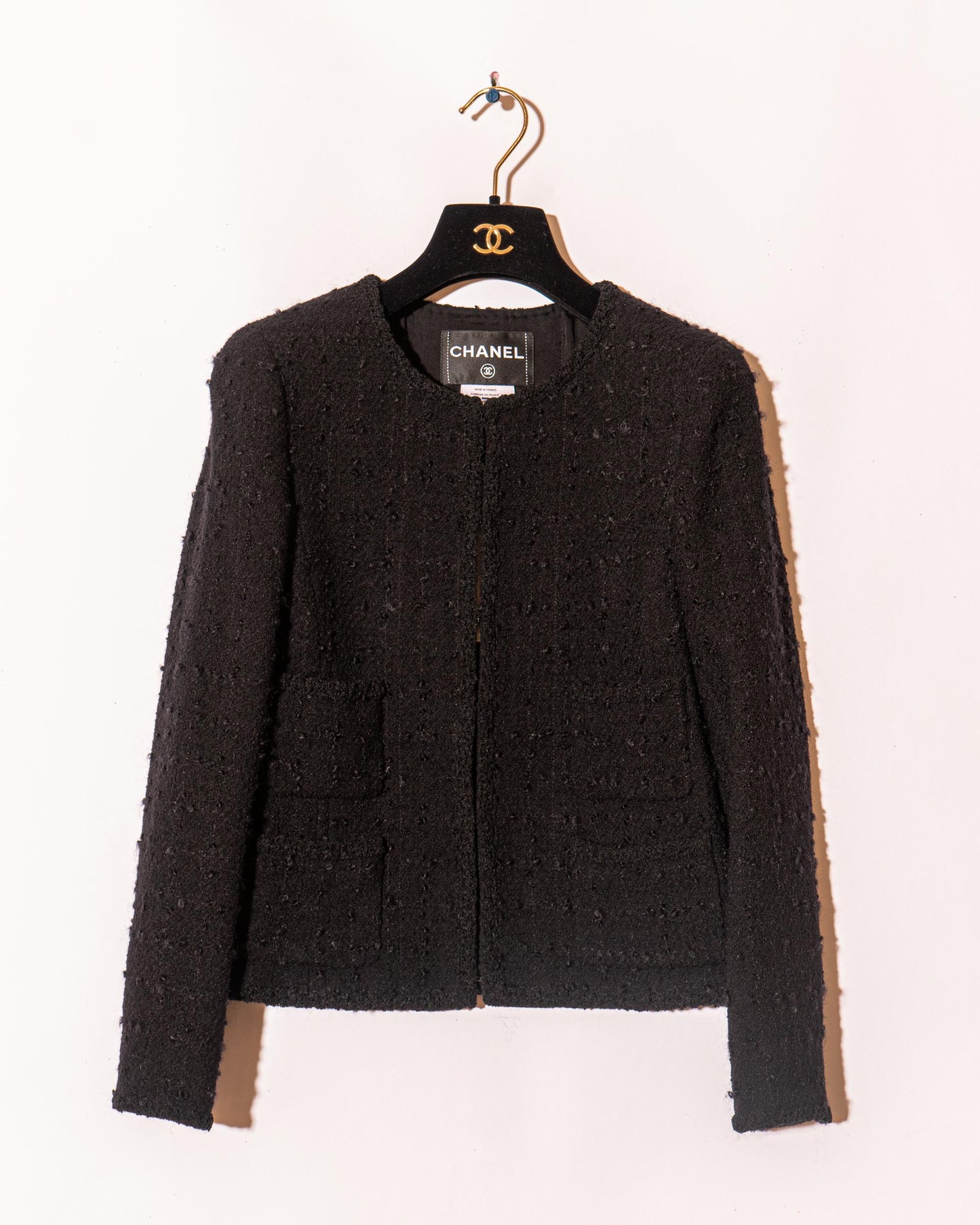 FR36-38 Rare Chanel Fall 2009 Timeless Classic Collarless Four Pocket Camellia Detail Black Tweed Jacket - Vintage Chanel Jacket - Jacket - Rarchive.