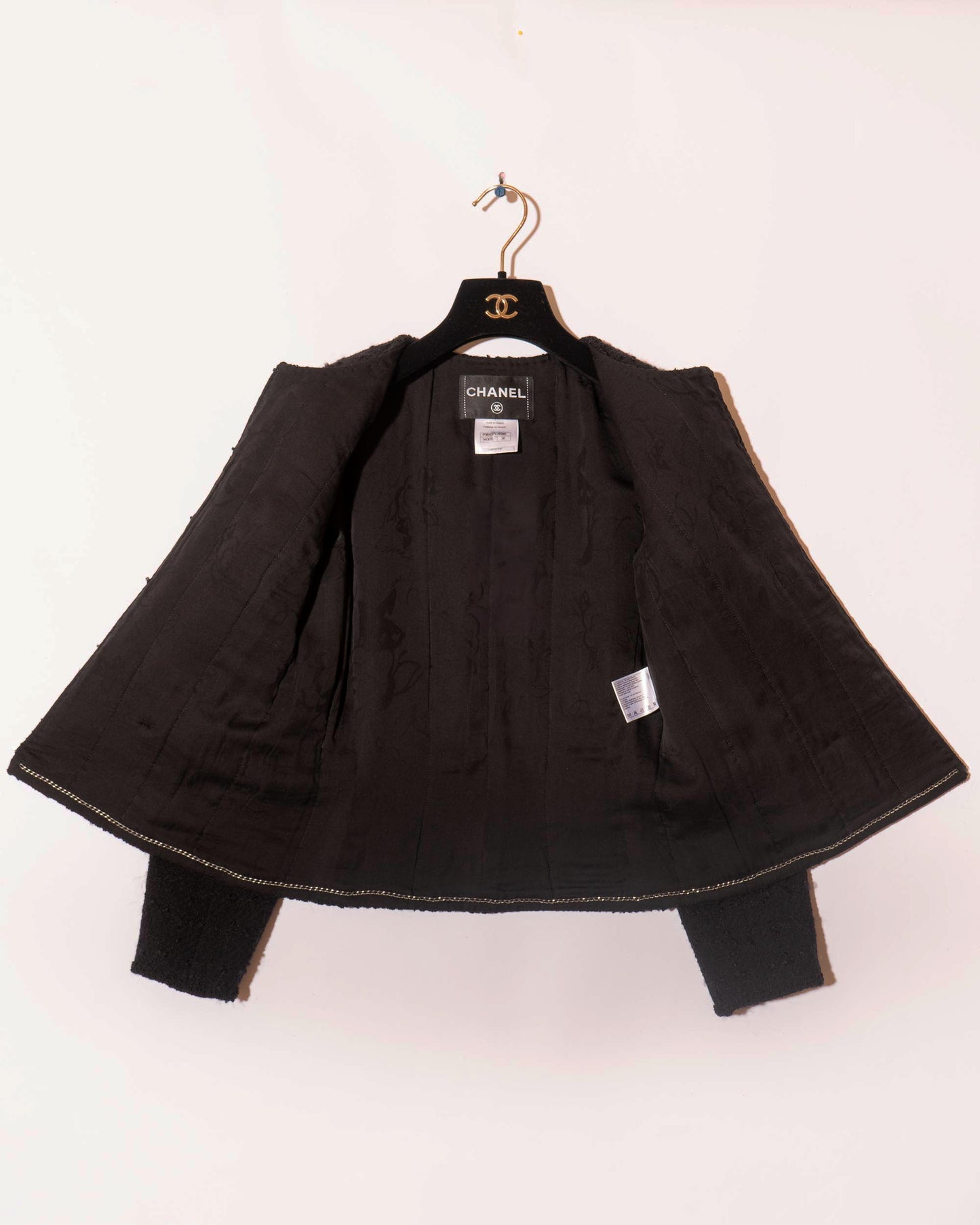 FR36-38 Rare Chanel Fall 2009 Timeless Classic Collarless Four Pocket Camellia Detail Black Tweed Jacket - Vintage Chanel Jacket - Jacket - Rarchive.