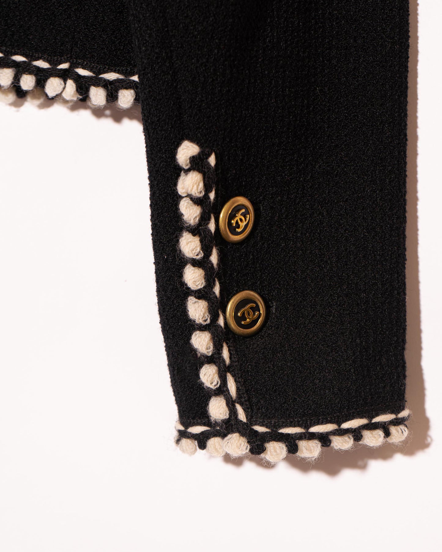 FR40-42 Rare Chanel Fall 1994 Timeless Collarless Four Pocket Braided Contrasting Trim Black Wool Jacket - Vintage Chanel Jacket - - Rarchive.