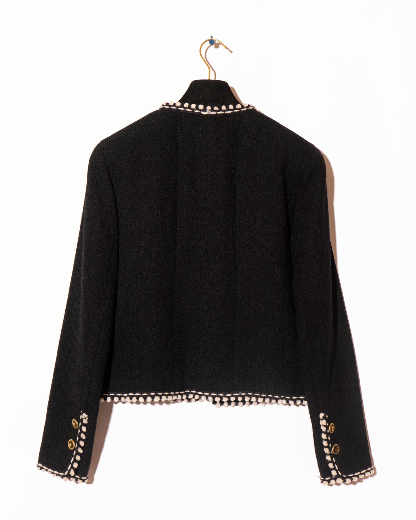 FR40-42 Rare Chanel Fall 1994 Timeless Collarless Four Pocket Braided Contrasting Trim Black Wool Jacket - Vintage Chanel Jacket - - Rarchive.