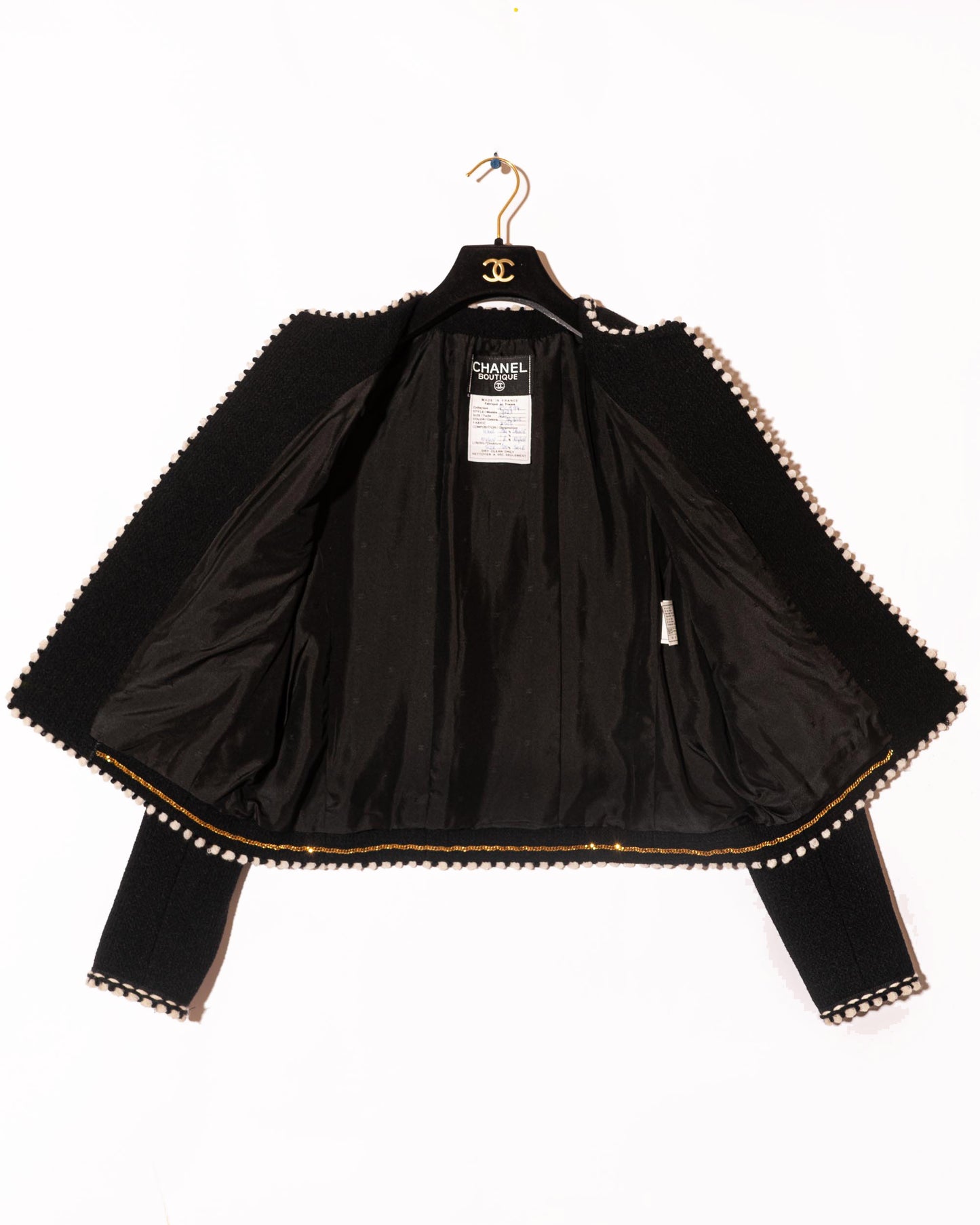 FR40-42 Rare Chanel Fall 1994 Timeless Collarless Four Pocket Braided Contrasting Trim Black Wool Jacket - Vintage Chanel Jacket - - Rarchive.