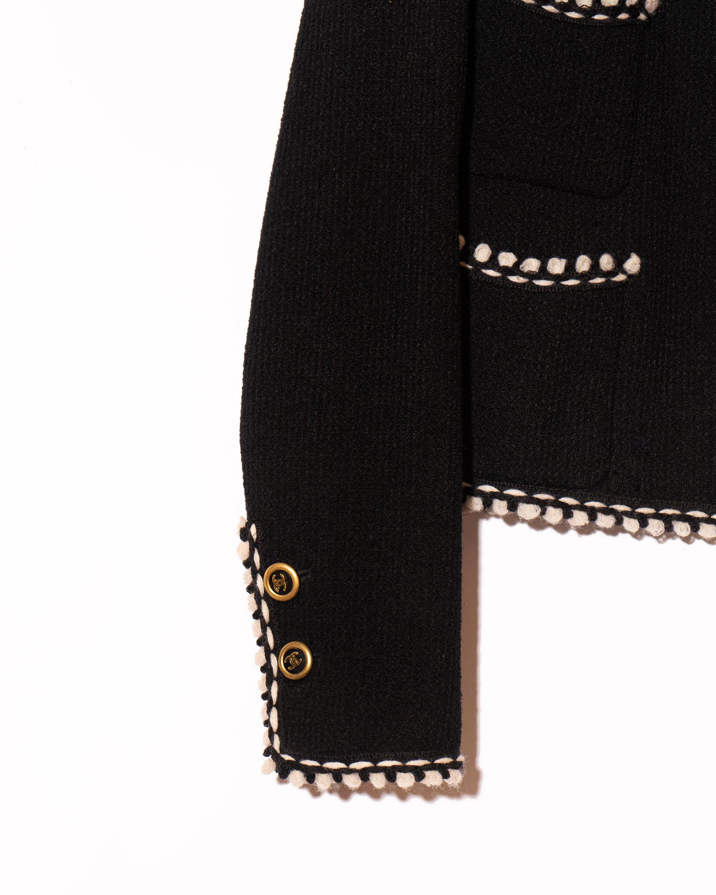 FR40-42 Rare Chanel Fall 1994 Timeless Collarless Four Pocket Braided Contrasting Trim Black Wool Jacket - Vintage Chanel Jacket - - Rarchive.