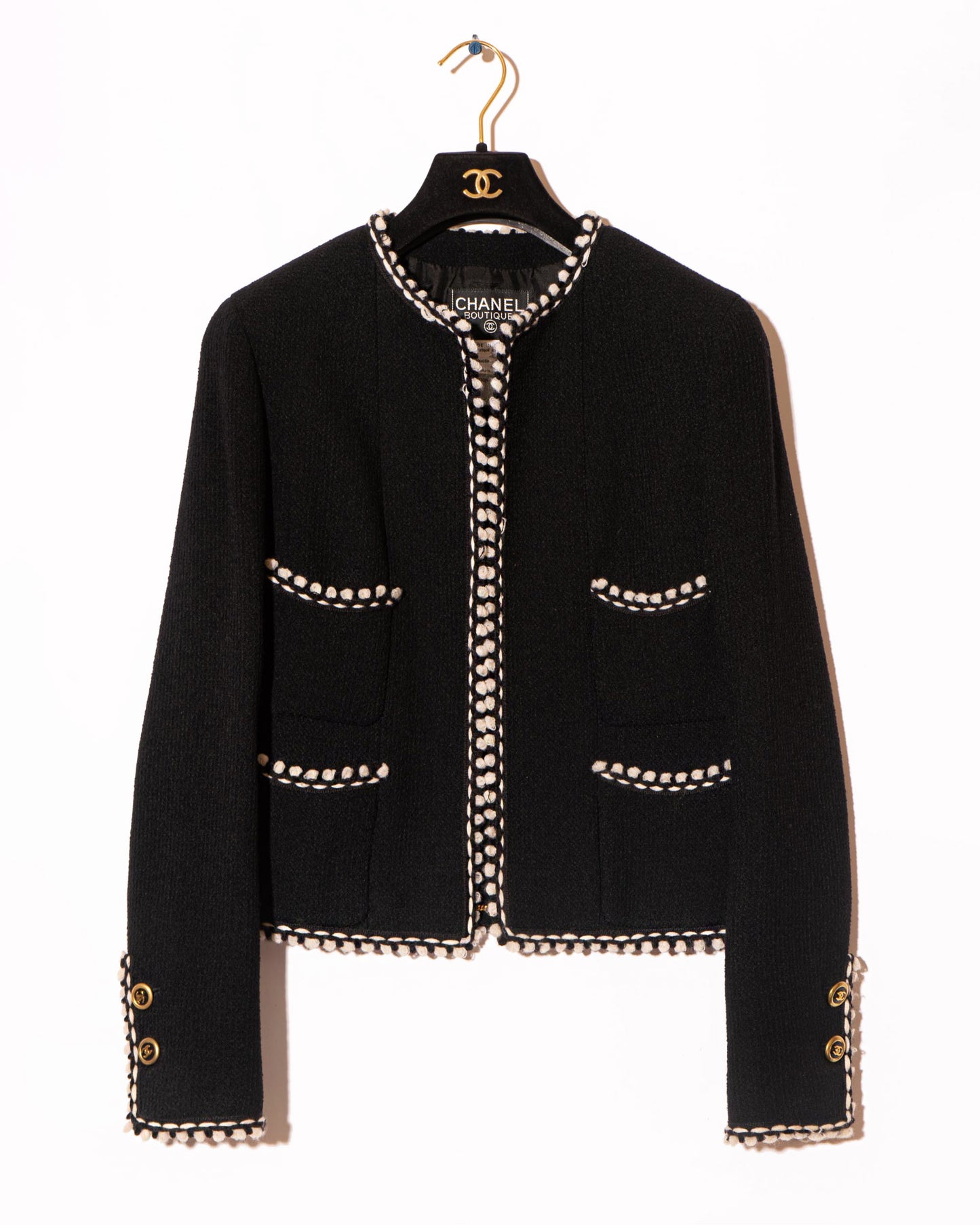 FR40-42 Rare Chanel Fall 1994 Timeless Collarless Four Pocket Braided Contrasting Trim Black Wool Jacket - Vintage Chanel Jacket - - Rarchive.