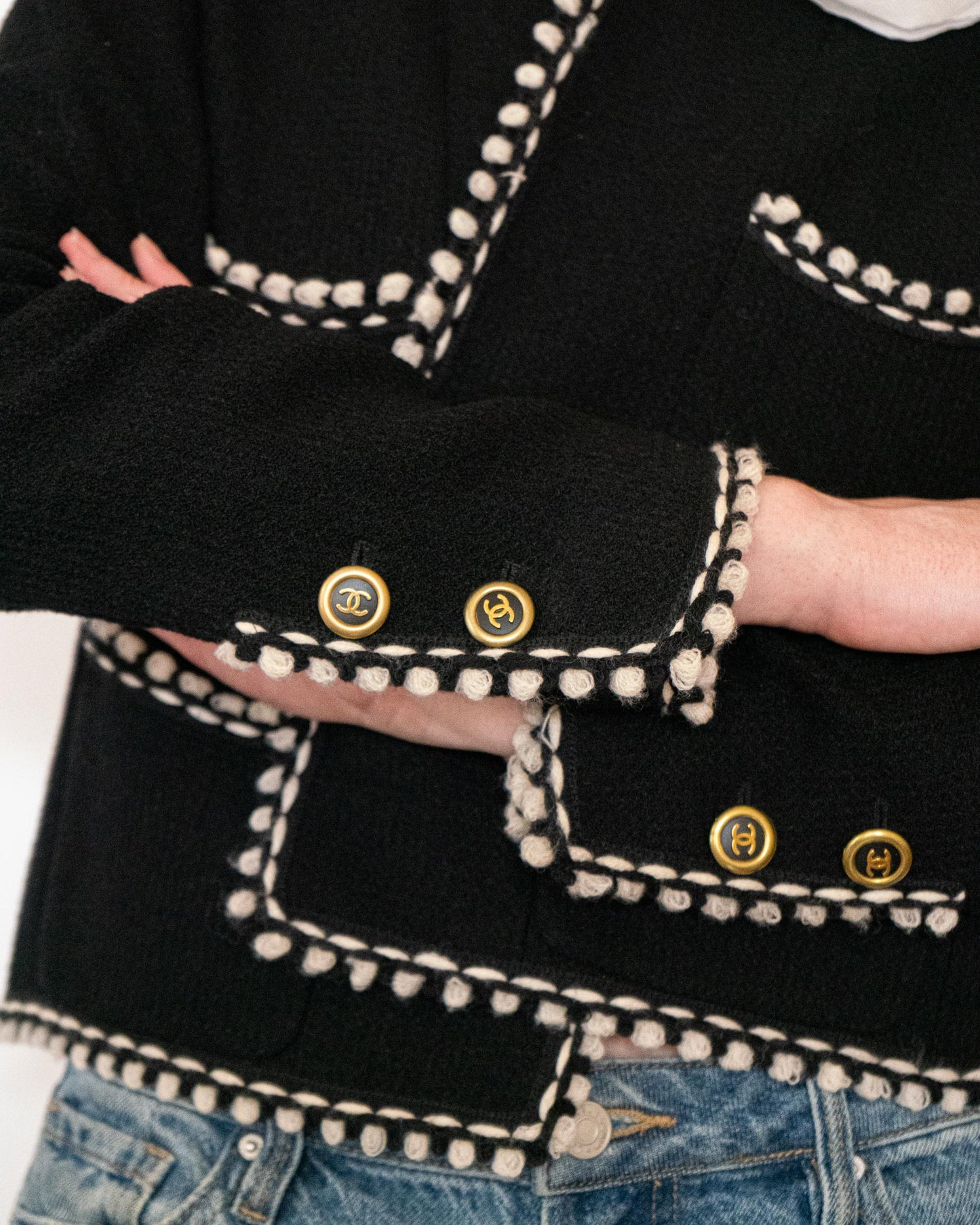 FR40-42 Rare Chanel Fall 1994 Timeless Collarless Four Pocket Braided Contrasting Trim Black Wool Jacket - Vintage Chanel Jacket - - Rarchive.
