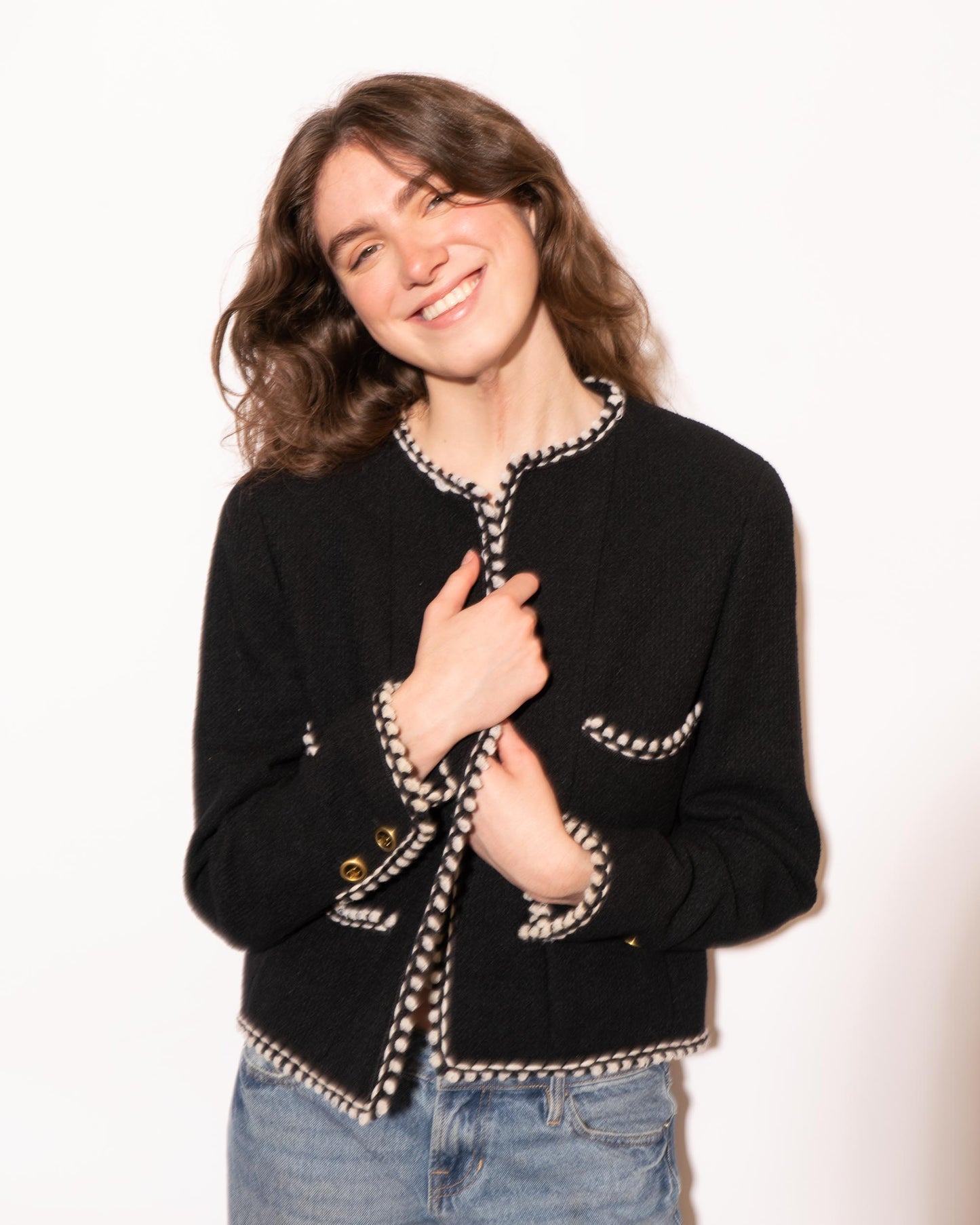 FR40-42 Rare Chanel Fall 1994 Timeless Collarless Four Pocket Braided Contrasting Trim Black Wool Jacket - Vintage Chanel Jacket - - Rarchive.