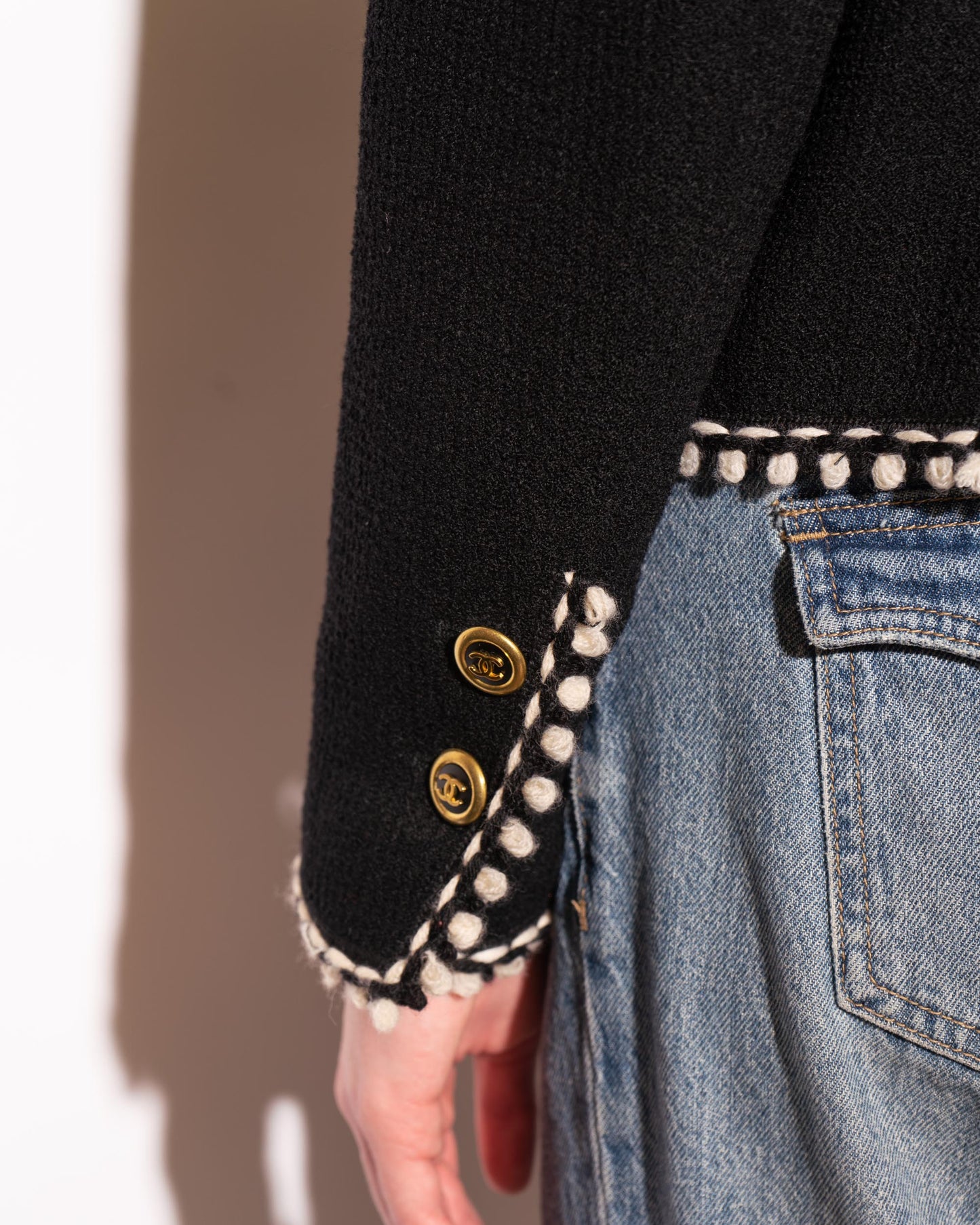 FR40-42 Rare Chanel Fall 1994 Timeless Collarless Four Pocket Braided Contrasting Trim Black Wool Jacket - Vintage Chanel Jacket - - Rarchive.