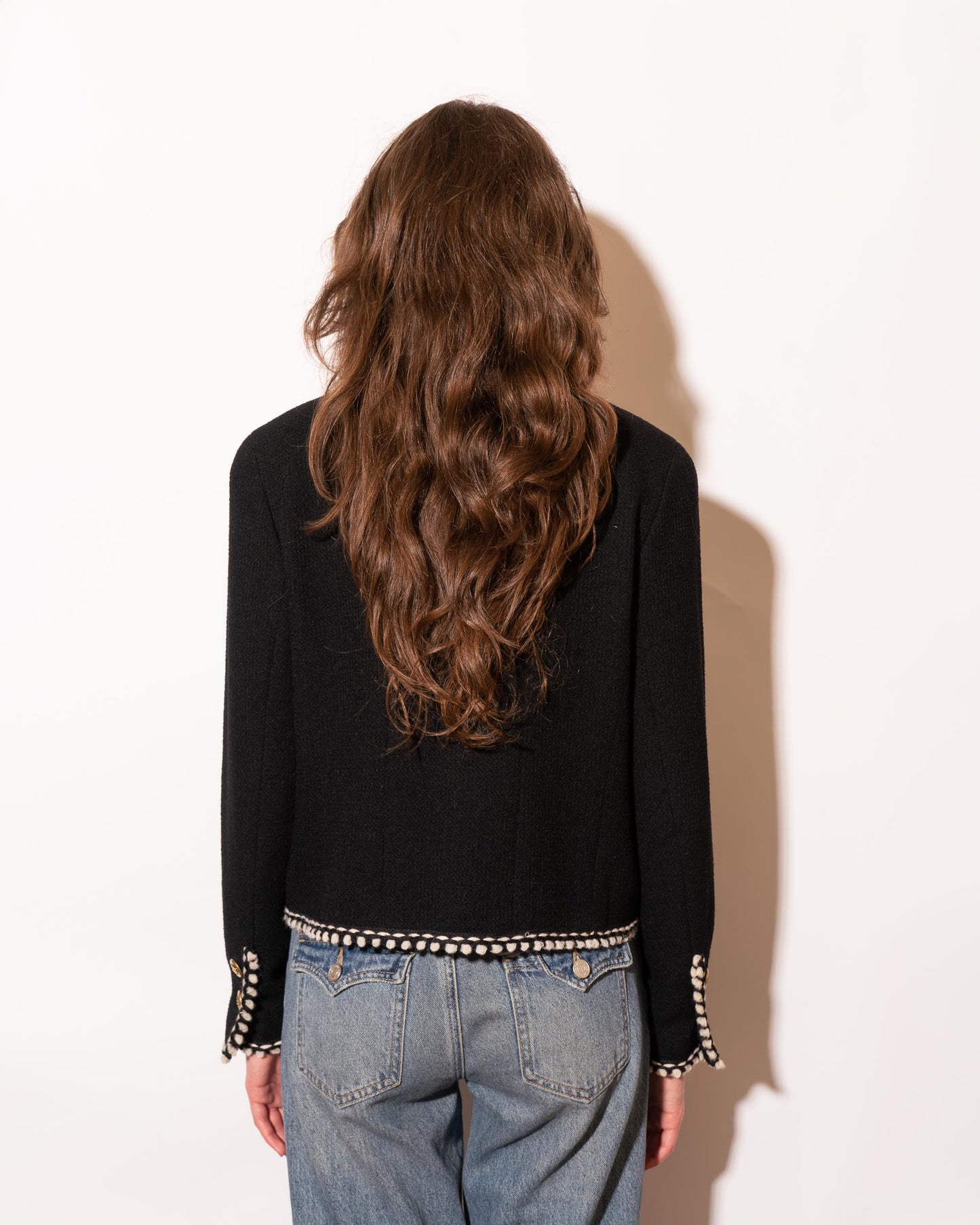 FR40-42 Rare Chanel Fall 1994 Timeless Collarless Four Pocket Braided Contrasting Trim Black Wool Jacket - Vintage Chanel Jacket - - Rarchive.