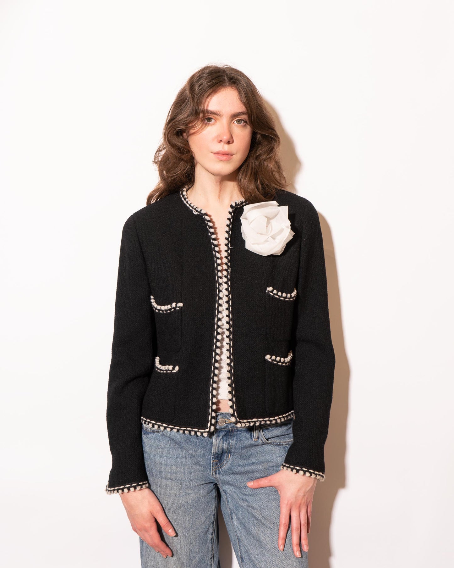 FR40-42 Rare Chanel Fall 1994 Timeless Collarless Four Pocket Braided Contrasting Trim Black Wool Jacket - Vintage Chanel Jacket - - Rarchive.