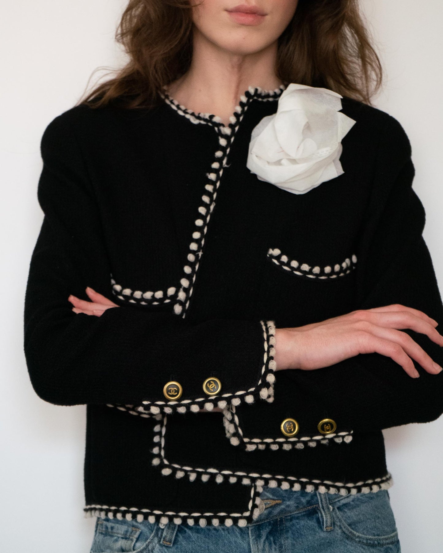 FR40-42 Rare Chanel Fall 1994 Timeless Collarless Four Pocket Braided Contrasting Trim Black Wool Jacket - Vintage Chanel Jacket - - Rarchive.