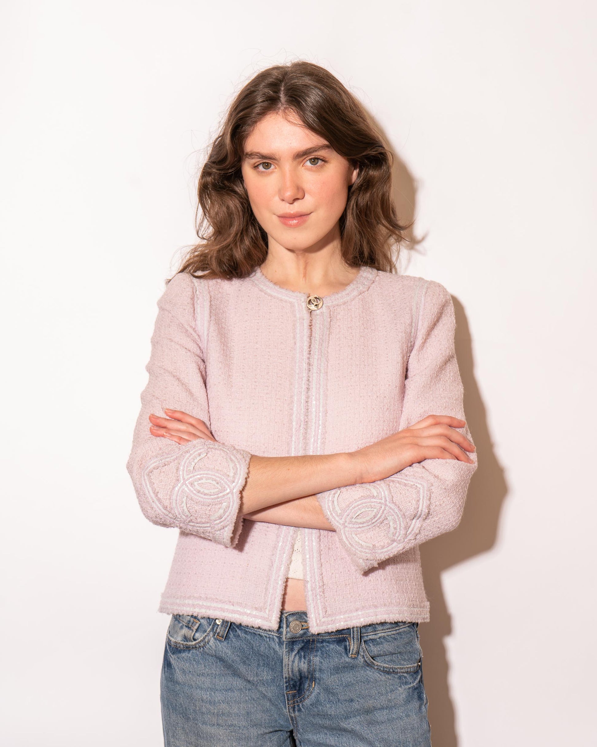 FR36-38 Rare Chanel Cruise 2009 Interlocking C Logo and Heart Detail Pink Tweed Jacket - Vintage Chanel Jacket -   - Rarchive.