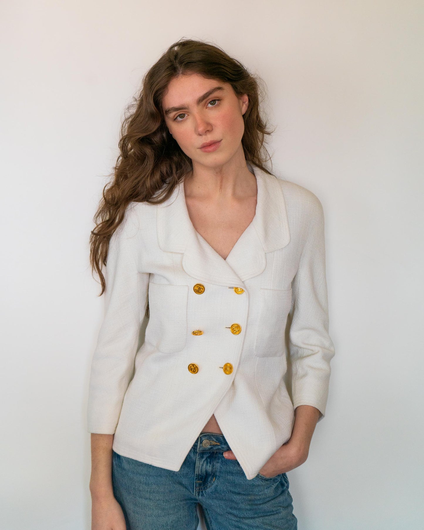 FR36-38 Chanel Cruise 1990 Double-Breasted Two-Pocketed Linen Blend Jacket - Vintage Chanel Jacket - - Rarchive.