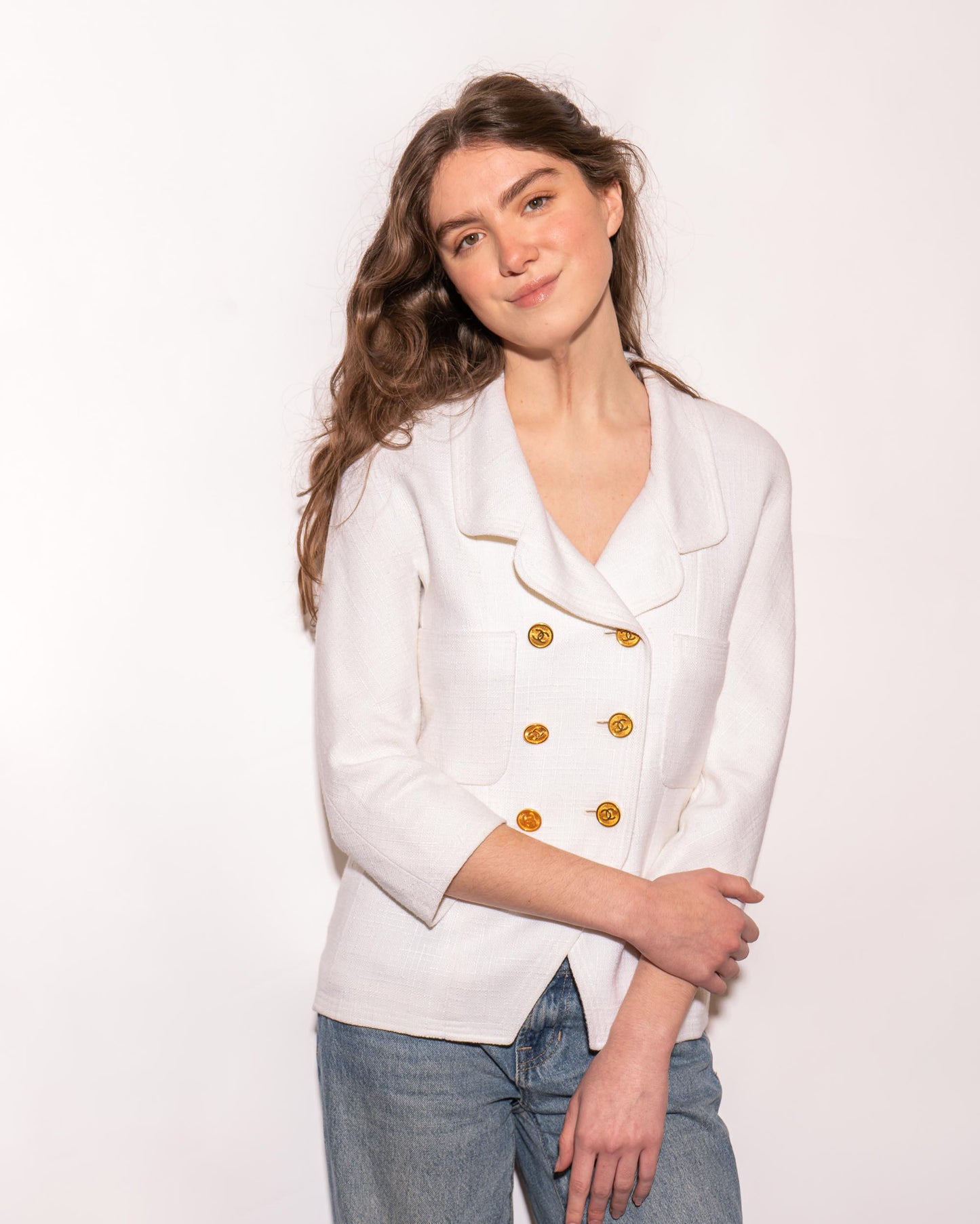 FR36-38 Chanel Cruise 1990 Double-Breasted Two-Pocketed Linen Blend Jacket - Vintage Chanel Jacket - - Rarchive.