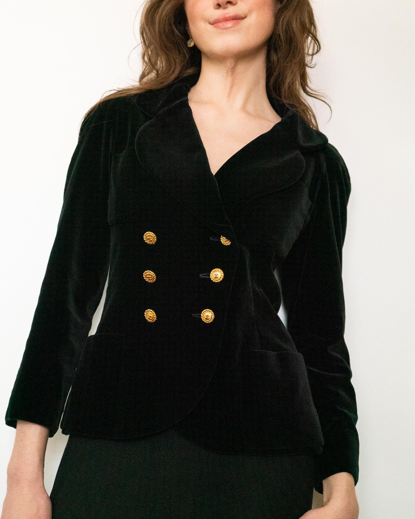 FR34-36 Chanel Fall 1988 Double Breasted Four Pocket Black Velvet Jacket - Vintage Chanel Jacket - - Rarchive.