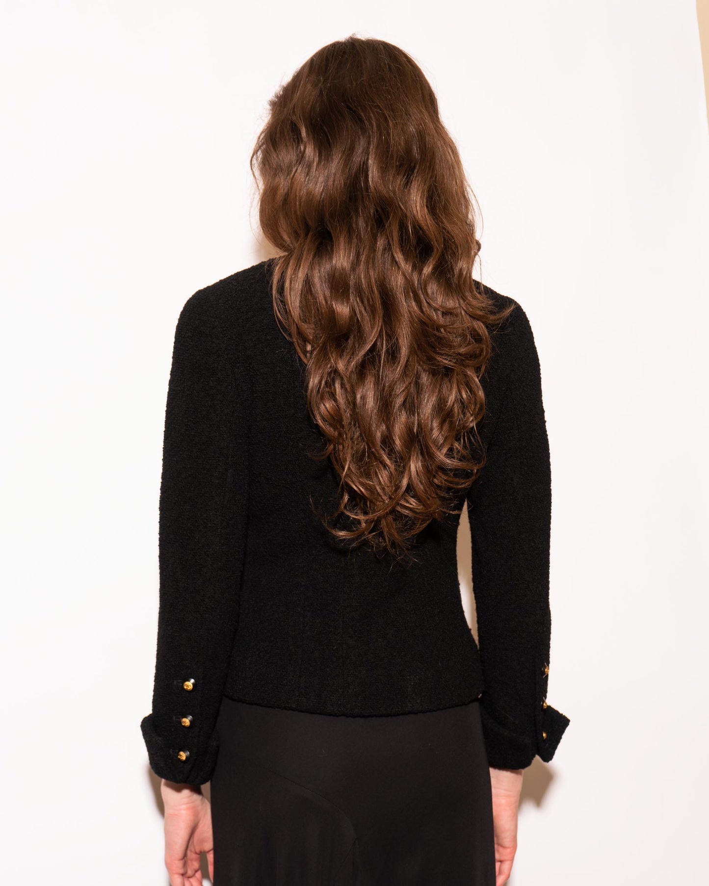 FR34-36 Rare Chanel Fall 1993 Timeless Collarless Four Pocket Black Tweed Boucle Jacket - Vintage Chanel Jacket - - Rarchive.