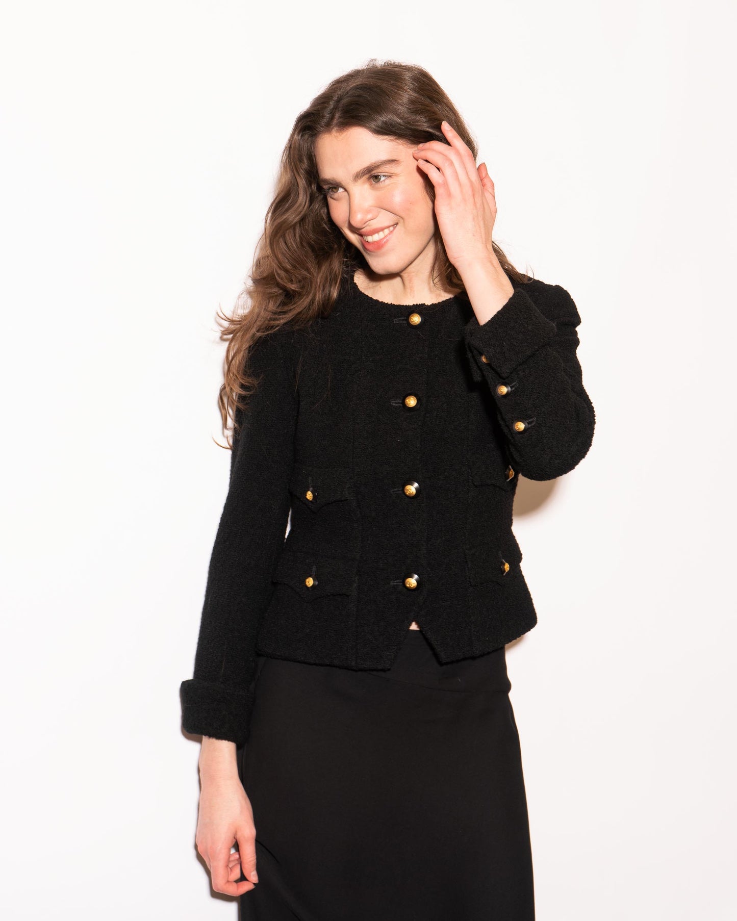 FR34-36 Rare Chanel Fall 1993 Timeless Collarless Four Pocket Black Tweed Boucle Jacket - Vintage Chanel Jacket - - Rarchive.