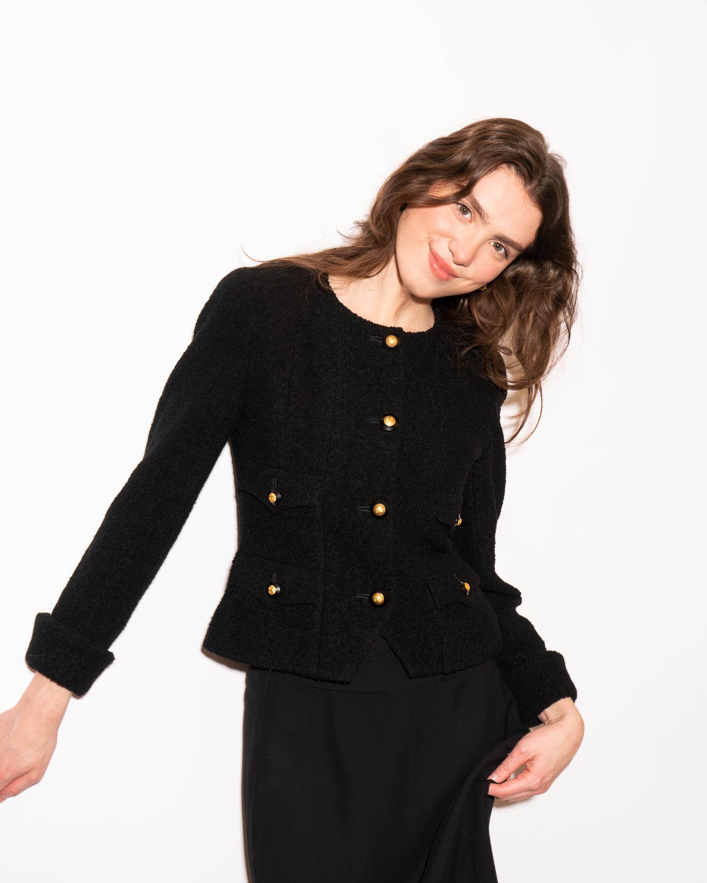 FR34-36 Rare Chanel Fall 1993 Timeless Collarless Four Pocket Black Tweed Boucle Jacket - Vintage Chanel Jacket - - Rarchive.