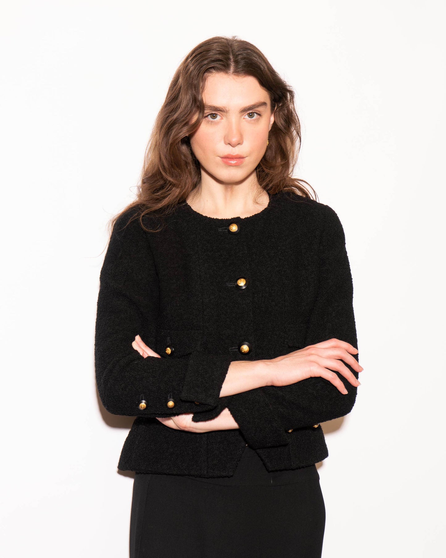 FR34-36 Rare Chanel Fall 1993 Timeless Collarless Four Pocket Black Tweed Boucle Jacket - Vintage Chanel Jacket - - Rarchive.