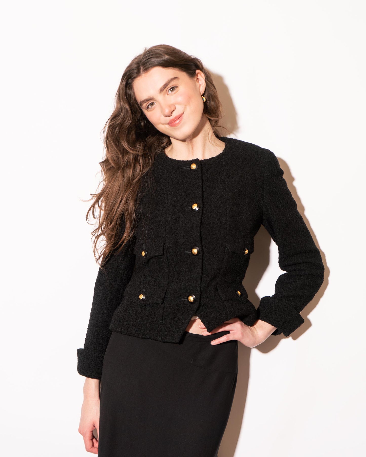 FR34-36 Rare Chanel Fall 1993 Timeless Collarless Four Pocket Black Tweed Boucle Jacket - Vintage Chanel Jacket - - Rarchive.