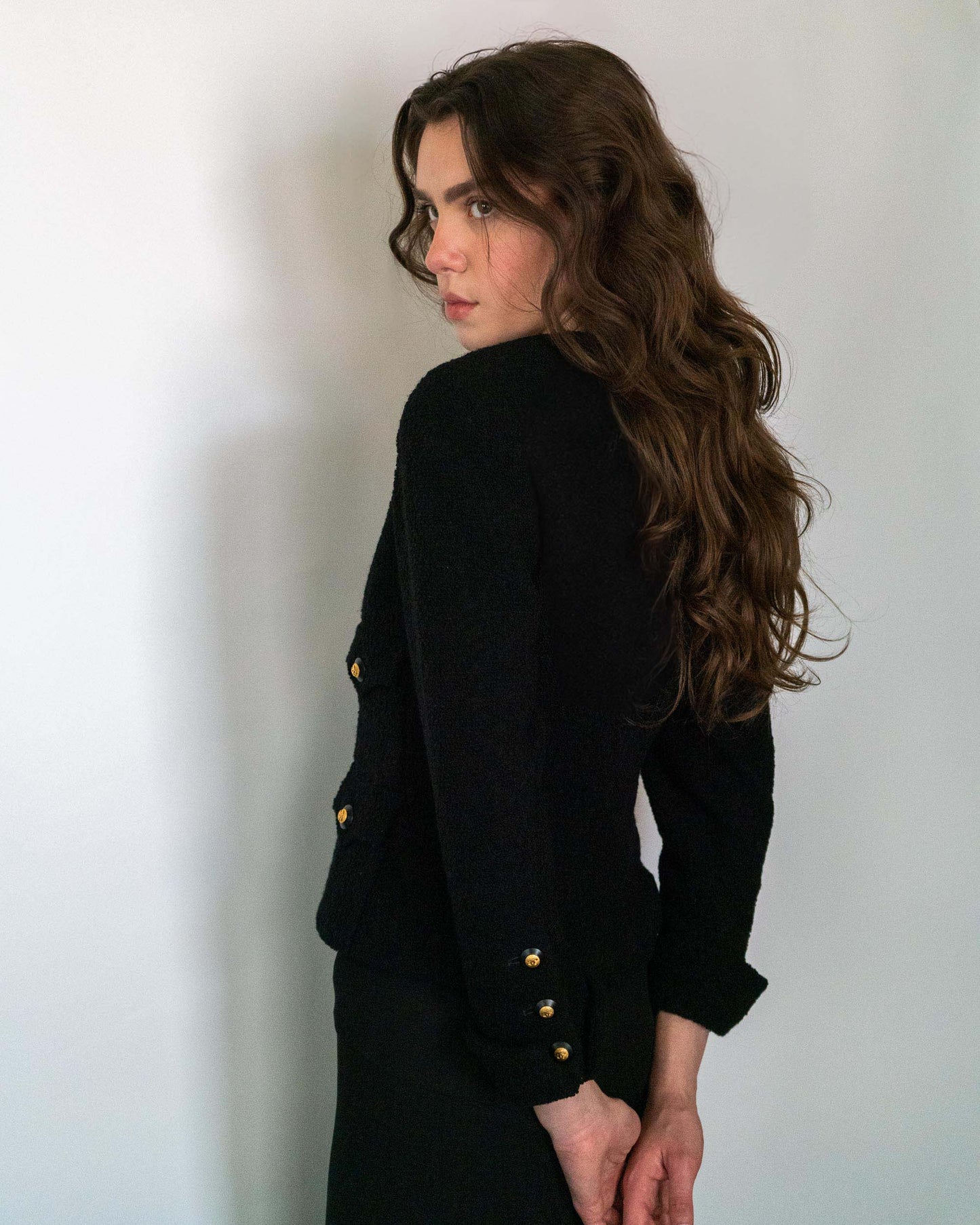 FR34-36 Rare Chanel Fall 1993 Timeless Collarless Four Pocket Black Tweed Boucle Jacket - Vintage Chanel Jacket - - Rarchive.