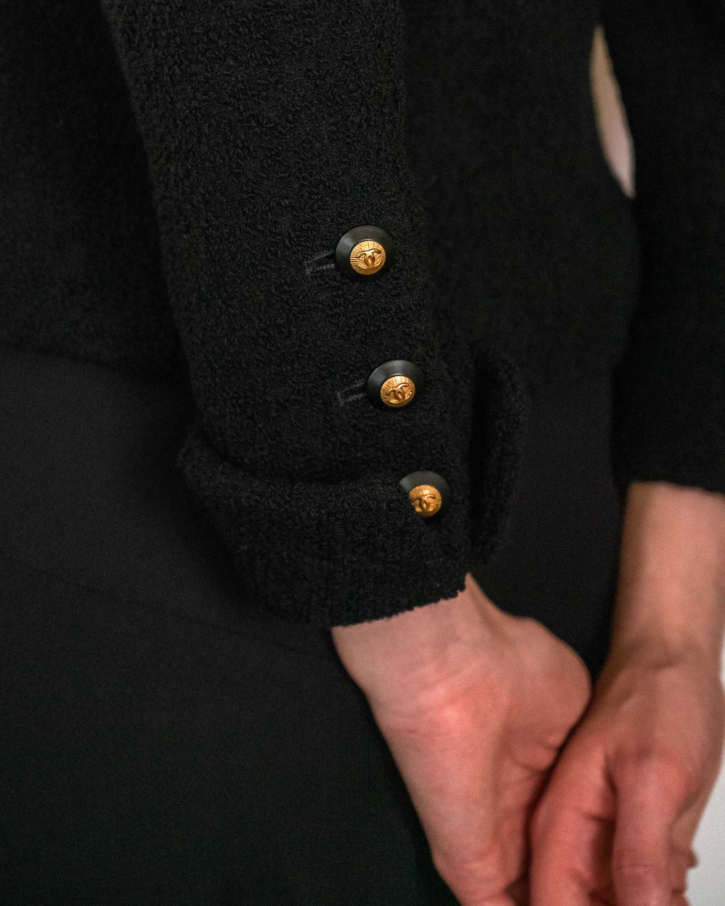 FR34-36 Rare Chanel Fall 1993 Timeless Collarless Four Pocket Black Tweed Boucle Jacket - Vintage Chanel Jacket - - Rarchive.