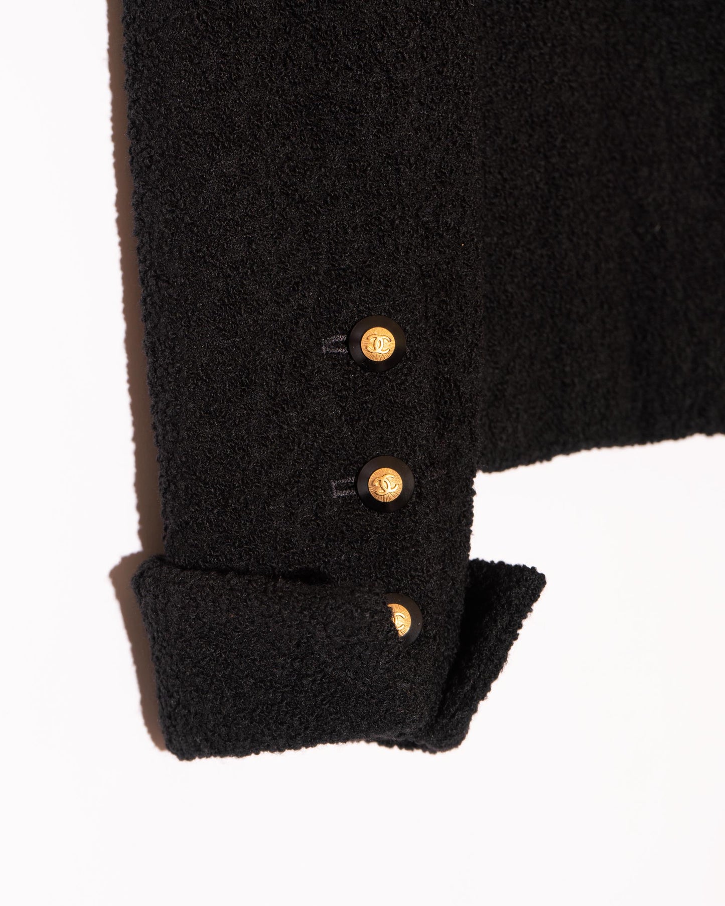 FR34-36 Rare Chanel Fall 1993 Timeless Collarless Four Pocket Black Tweed Boucle Jacket - Vintage Chanel Jacket - - Rarchive.