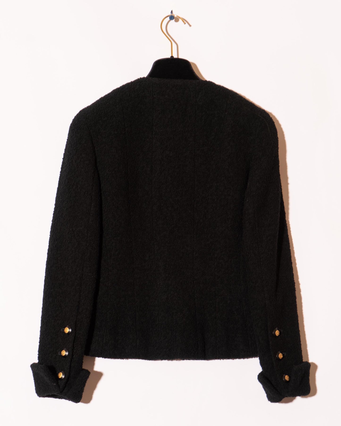 FR34-36 Rare Chanel Fall 1993 Timeless Collarless Four Pocket Black Tweed Boucle Jacket - Vintage Chanel Jacket - - Rarchive.