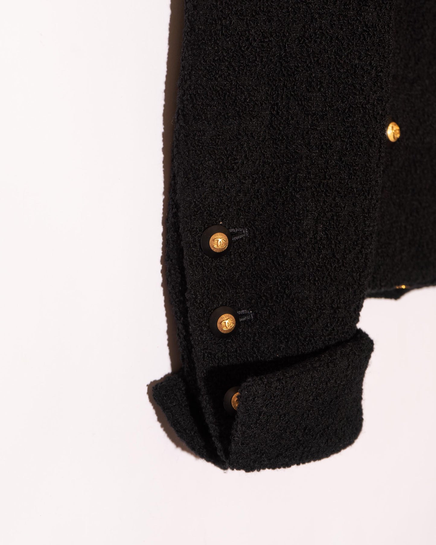 FR34-36 Rare Chanel Fall 1993 Timeless Collarless Four Pocket Black Tweed Boucle Jacket - Vintage Chanel Jacket - - Rarchive.