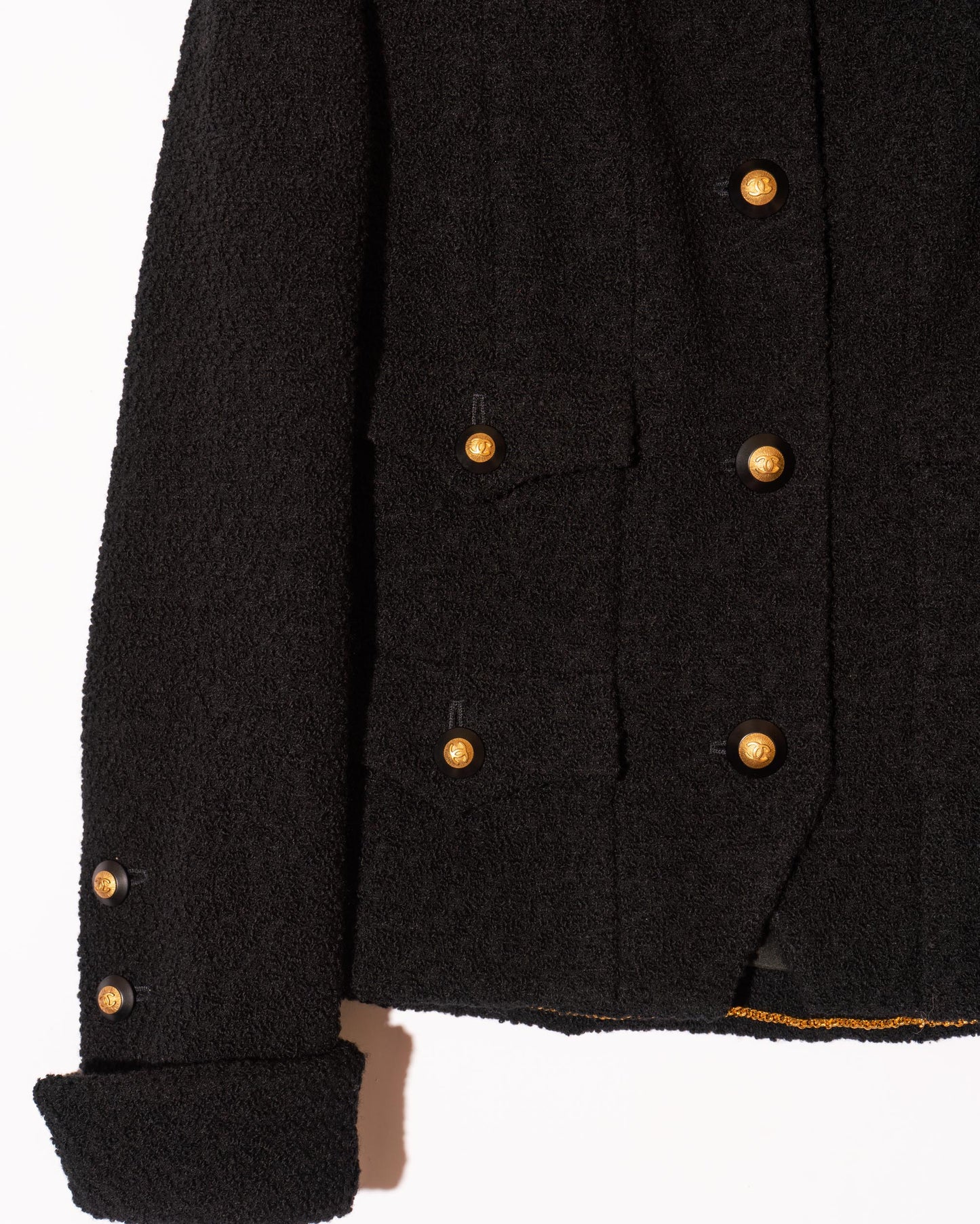 FR34-36 Rare Chanel Fall 1993 Timeless Collarless Four Pocket Black Tweed Boucle Jacket - Vintage Chanel Jacket - - Rarchive.