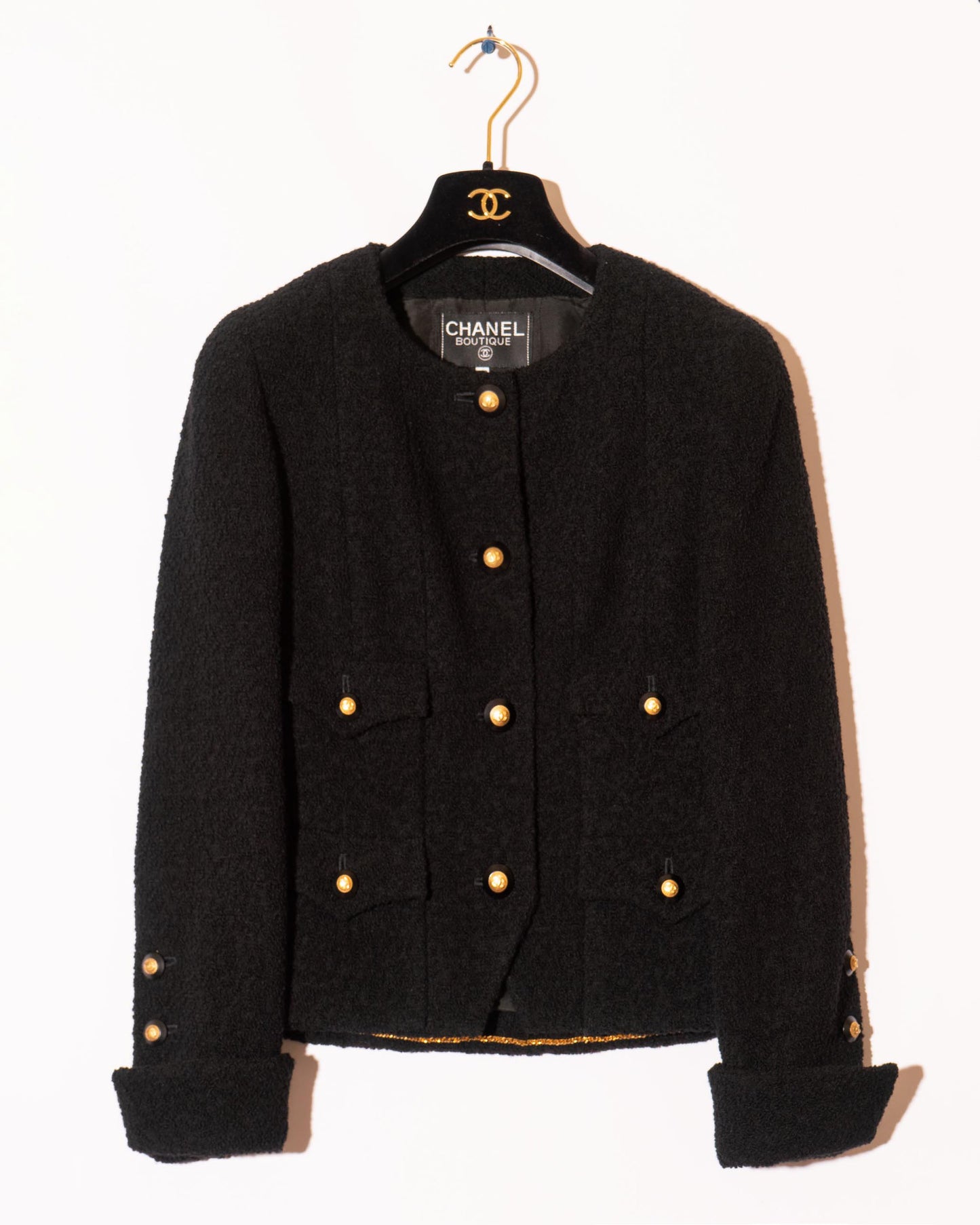 FR34-36 Rare Chanel Fall 1993 Timeless Collarless Four Pocket Black Tweed Boucle Jacket - Vintage Chanel Jacket - - Rarchive.