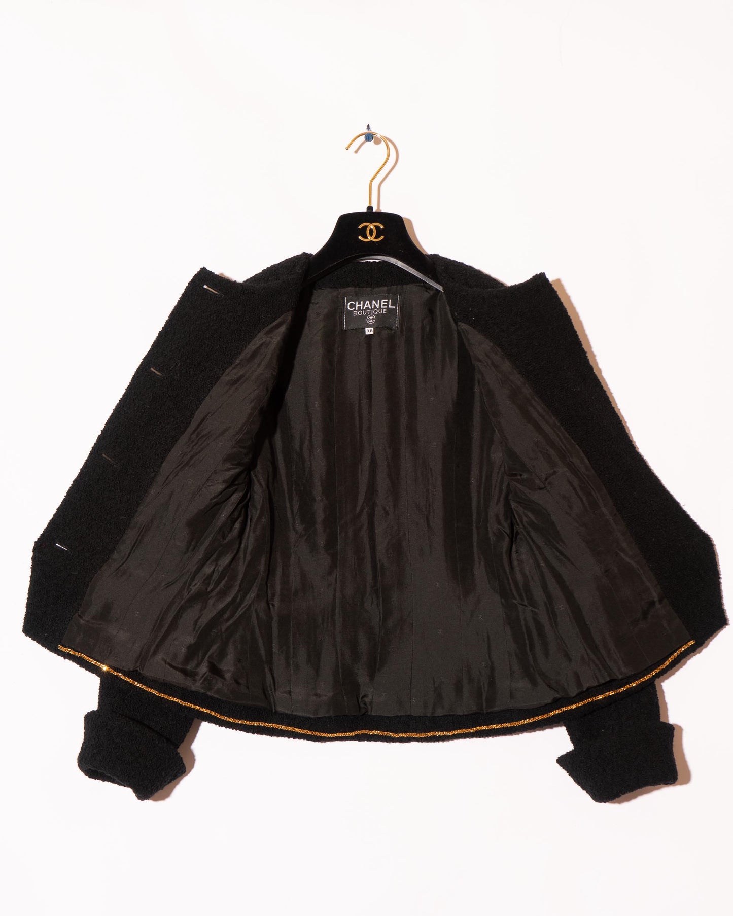 FR34-36 Rare Chanel Fall 1993 Timeless Collarless Four Pocket Black Tweed Boucle Jacket - Vintage Chanel Jacket - - Rarchive.