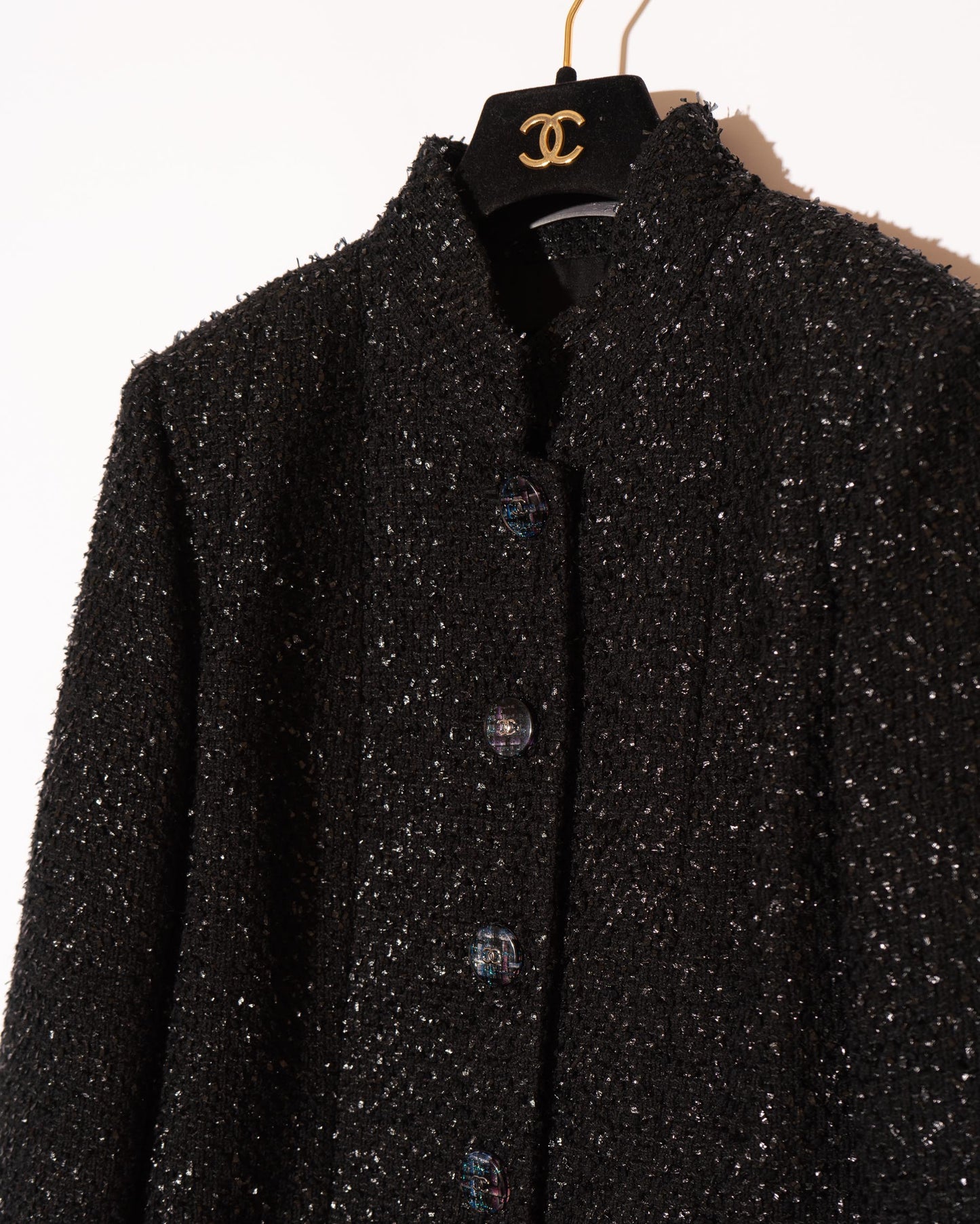 FR42-44 Chanel Spring 2019 Classic High Collar Two Pocket Black Fantasy Tweed Jacket - Vintage Chanel Jacket - - Rarchive.