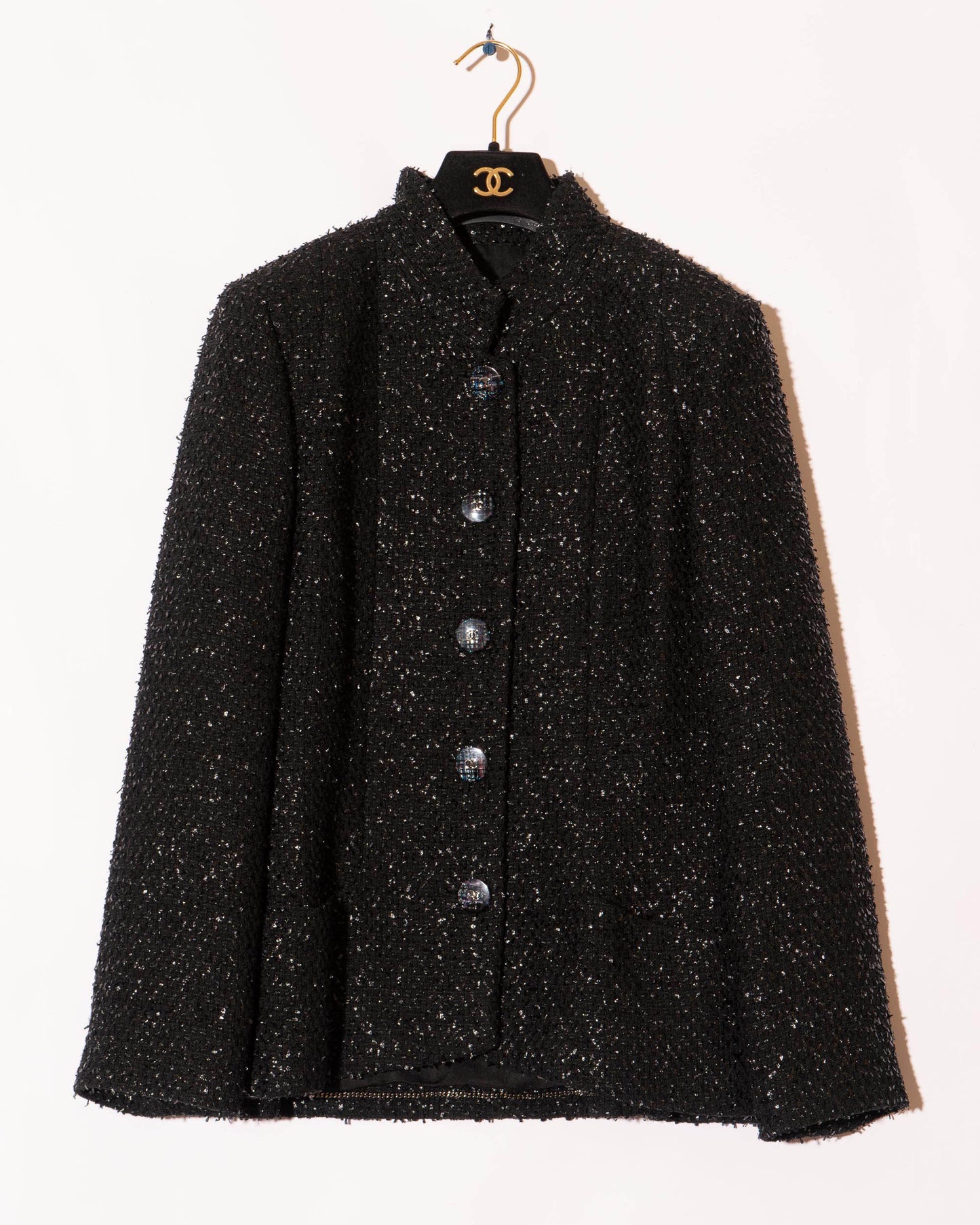 FR42-44 Chanel Spring 2019 Classic High Collar Two Pocket Black Fantasy Tweed Jacket - Vintage Chanel Jacket - - Rarchive.