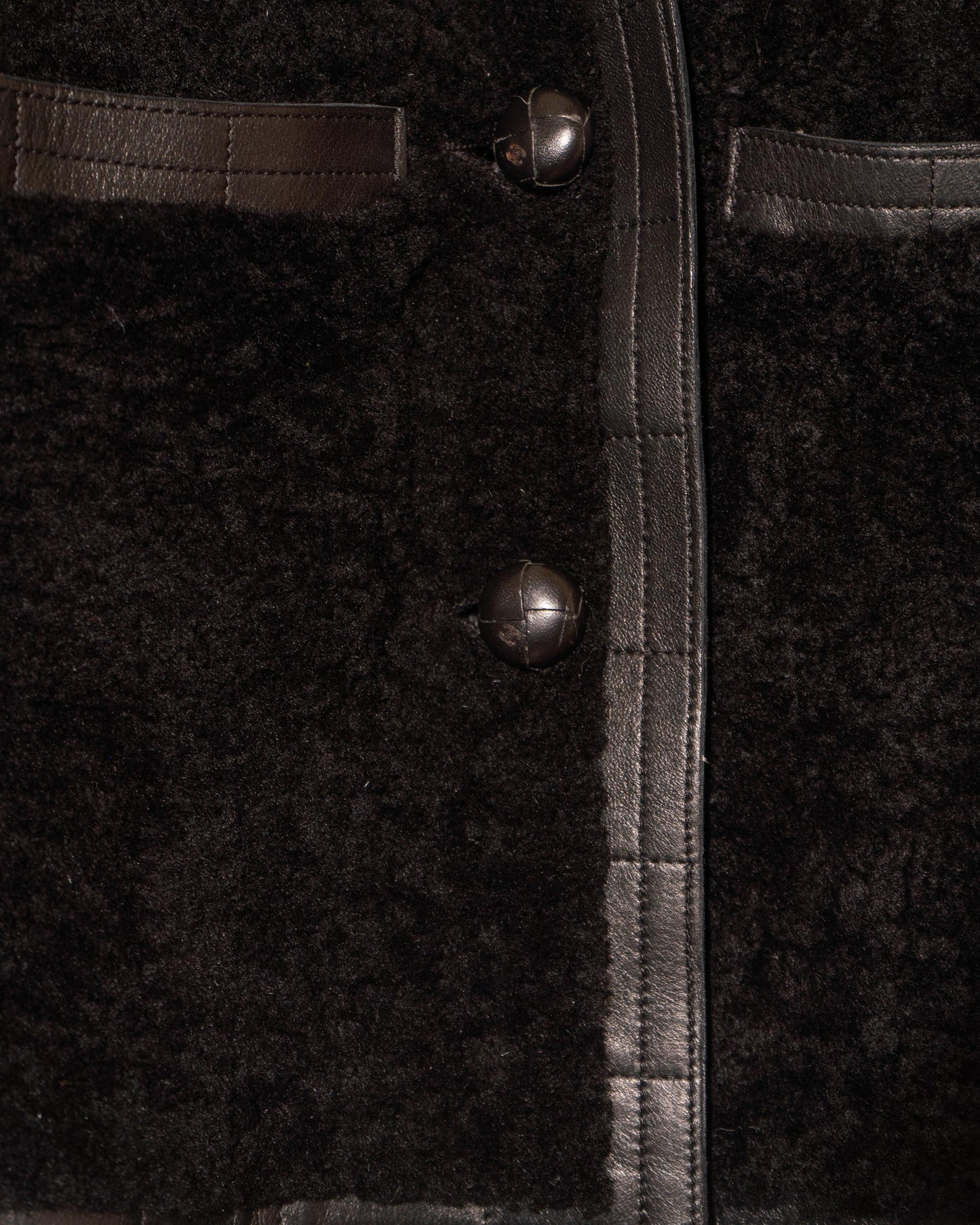 FR34-36 Rare Chanel Fall 2003 Two Pocket Camellia Detail Black Shearling Jacket - Vintage Chanel Jacket - - Rarchive.