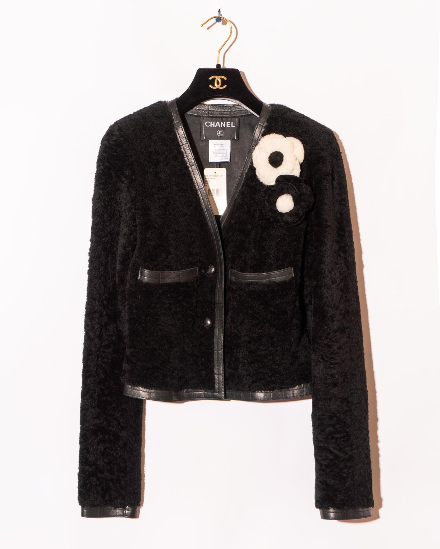 FR34-36 Rare Chanel Fall 2003 Two Pocket Camellia Detail Black Shearling Jacket - Vintage Chanel Jacket - - Rarchive.