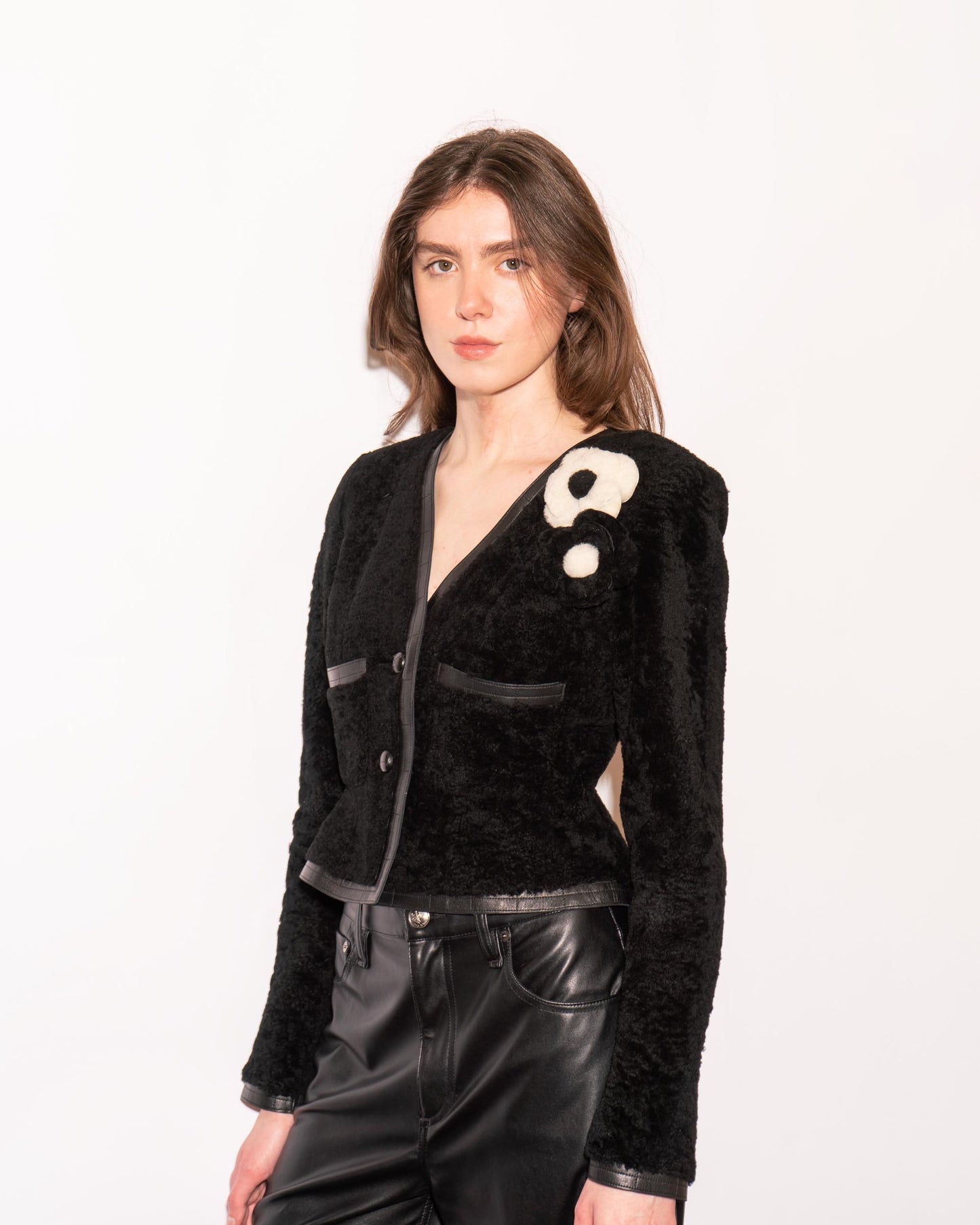 FR34-36 Rare Chanel Fall 2003 Two Pocket Camellia Detail Black Shearling Jacket - Vintage Chanel Jacket - - Rarchive.