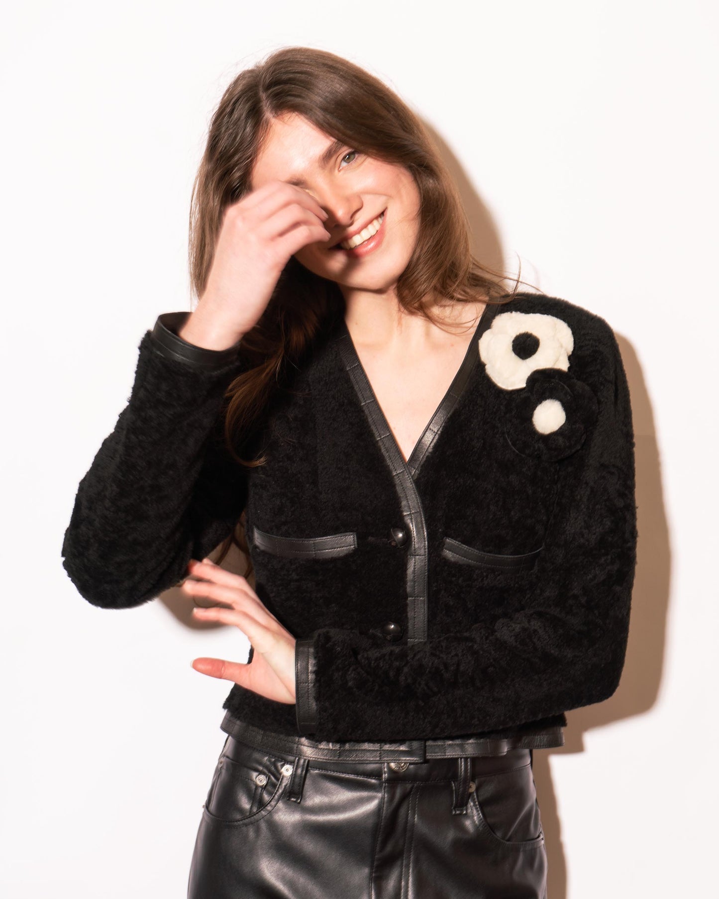 FR34-36 Rare Chanel Fall 2003 Two Pocket Camellia Detail Black Shearling Jacket - Vintage Chanel Jacket - - Rarchive.