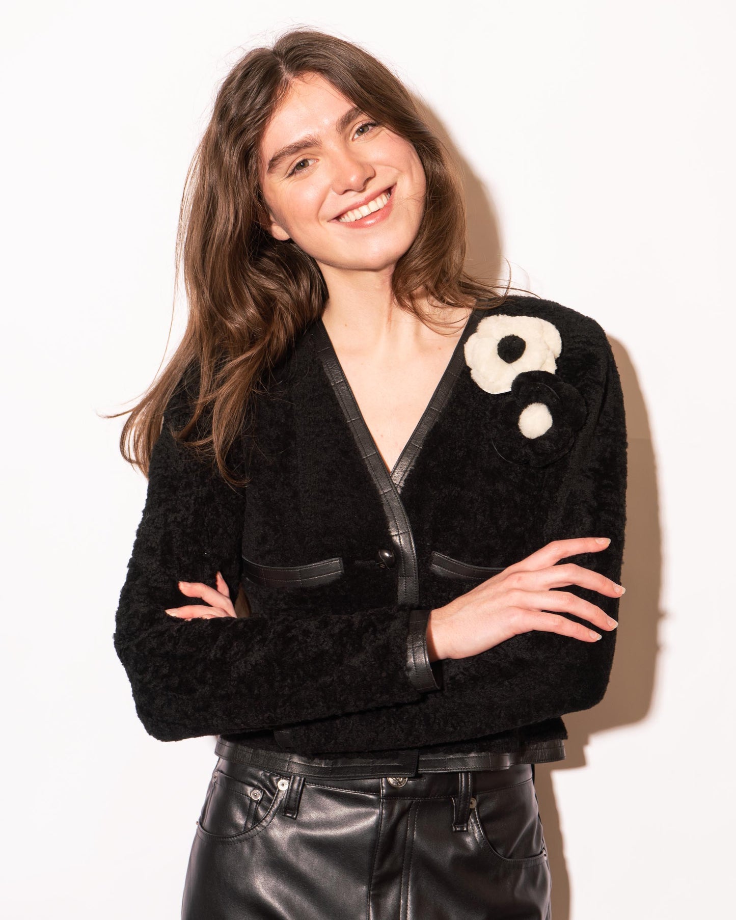 FR34-36 Rare Chanel Fall 2003 Two Pocket Camellia Detail Black Shearling Jacket - Vintage Chanel Jacket - - Rarchive.