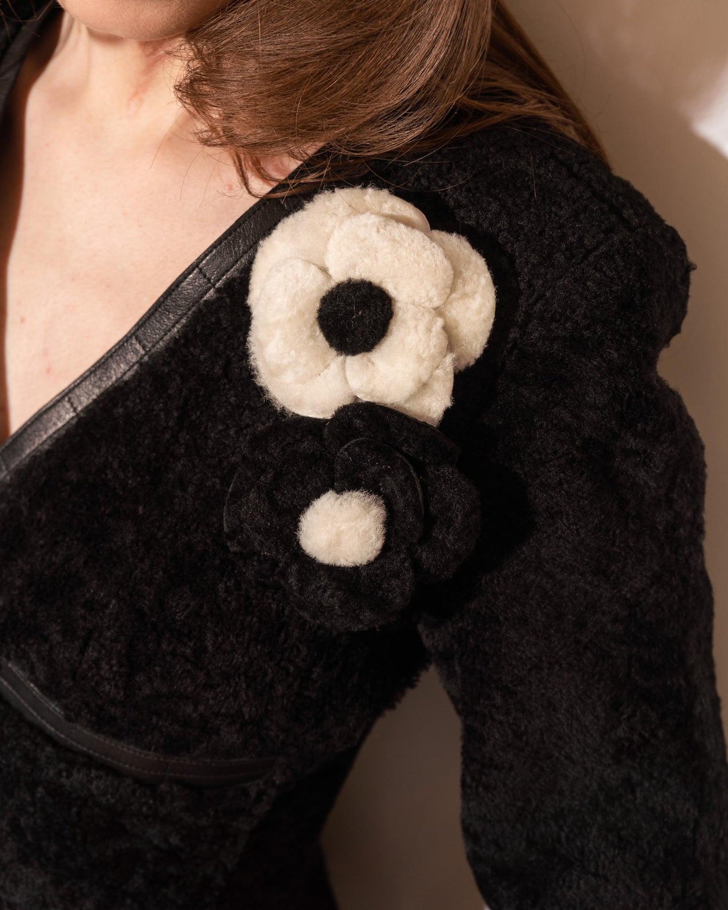 FR34-36 Rare Chanel Fall 2003 Two Pocket Camellia Detail Black Shearling Jacket - Vintage Chanel Jacket - - Rarchive.