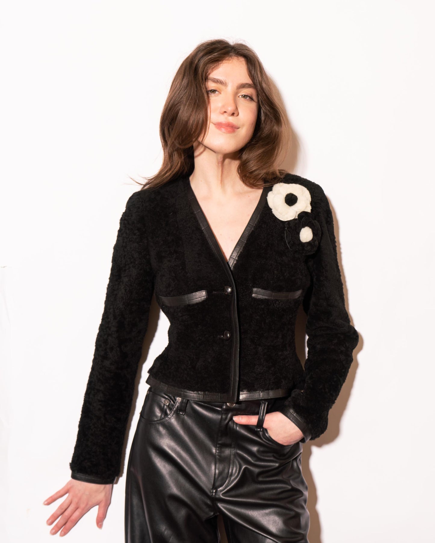 FR34-36 Rare Chanel Fall 2003 Two Pocket Camellia Detail Black Shearling Jacket - Vintage Chanel Jacket - - Rarchive.